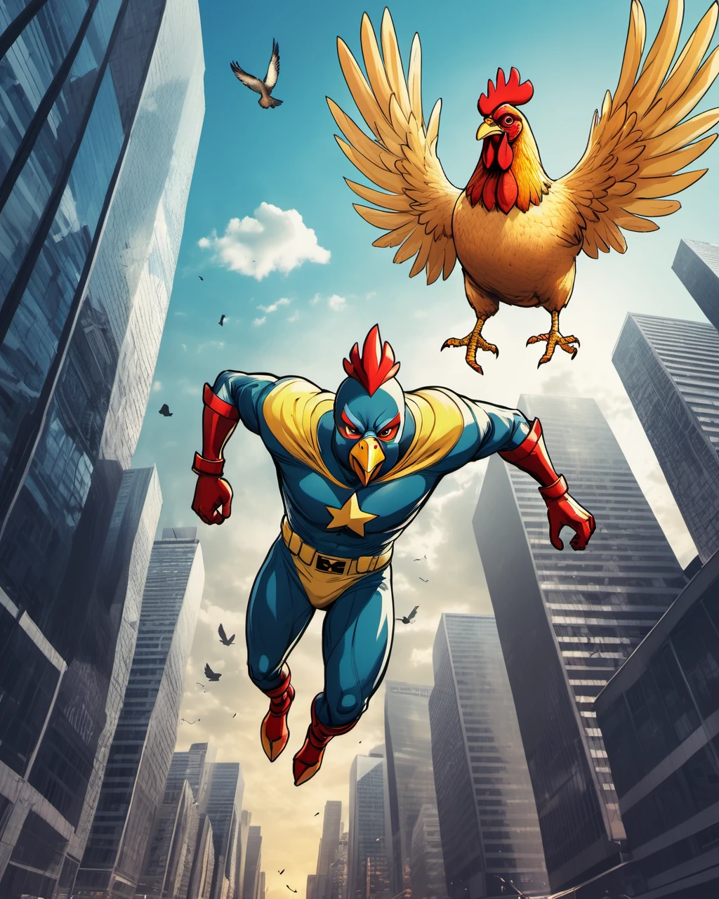 comic styled image of a superhero with a chicken head, flying through the city sky between city skyscrapers