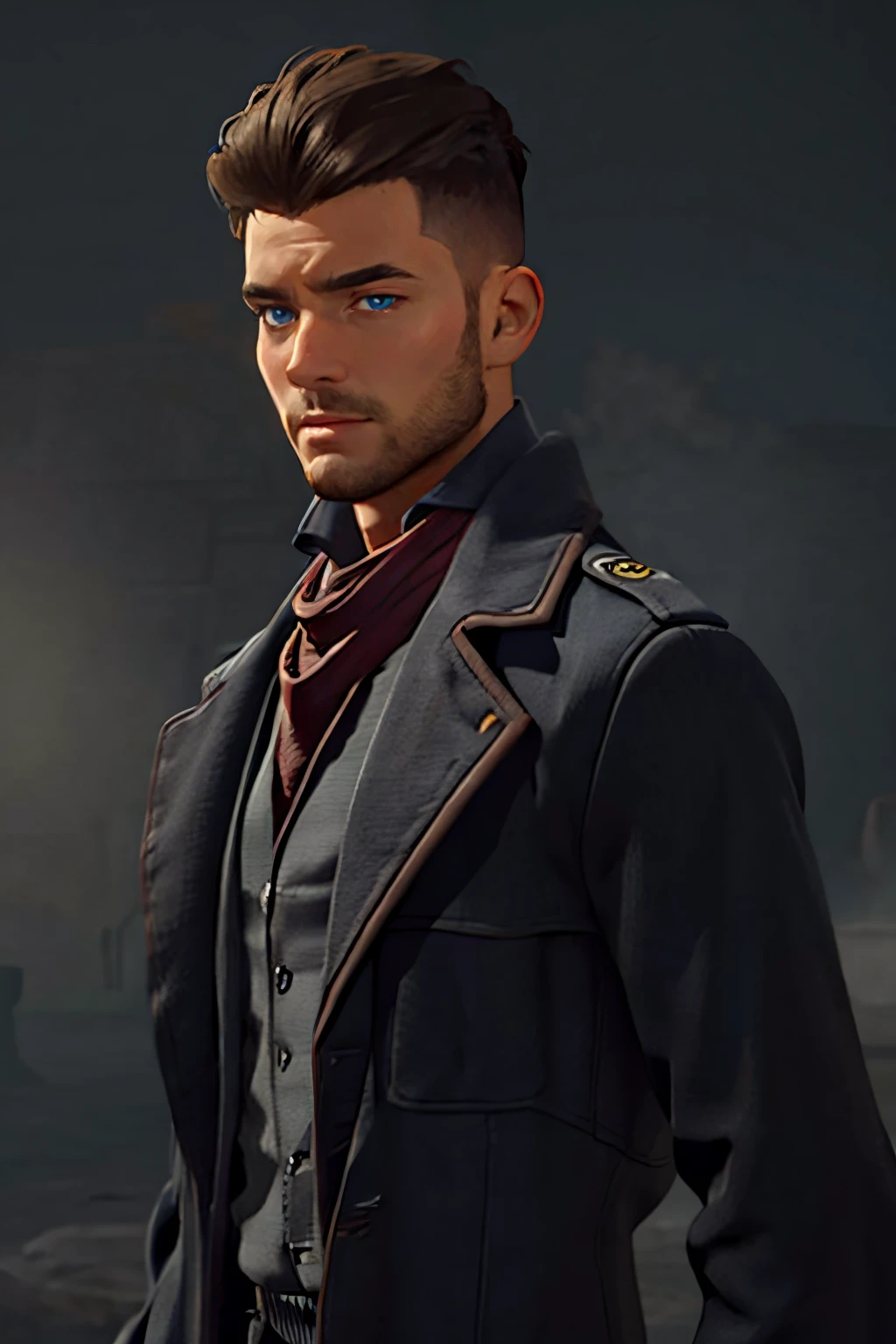 Geoffrey McCullum,  dark brown hair,  (crewcut,  high fade),  blue eyes,  stubble,  handsome,  charming,  alluring,  rugged,  black trench coat,  black pants,  grey vest,  dark red cravat,  (standing),  (upper body in frame),  simple background,  1918 London,  fog,  dark atmosphere,  perfect light,  perfect anatomy,  perfect proportions,  perfect perspective,  8k,  HQ,  (best quality:1.5,  hyperrealistic:1.5,  photorealistic:1.4,  madly detailed CG unity 8k wallpaper:1.5,  masterpiece:1.3,  madly detailed photo:1.2),  (hyper-realistic lifelike texture:1.4,  realistic eyes:1.2),  picture-perfect face,  perfect eye pupil,  detailed eyes,  realistic,  HD,  UHD,  (front view:1.2),  portrait,  looking outside frame, perfecteyes,<lora:EMS-498-EMS:0.000000>,<lora:EMS-262908-EMS:0.600000>