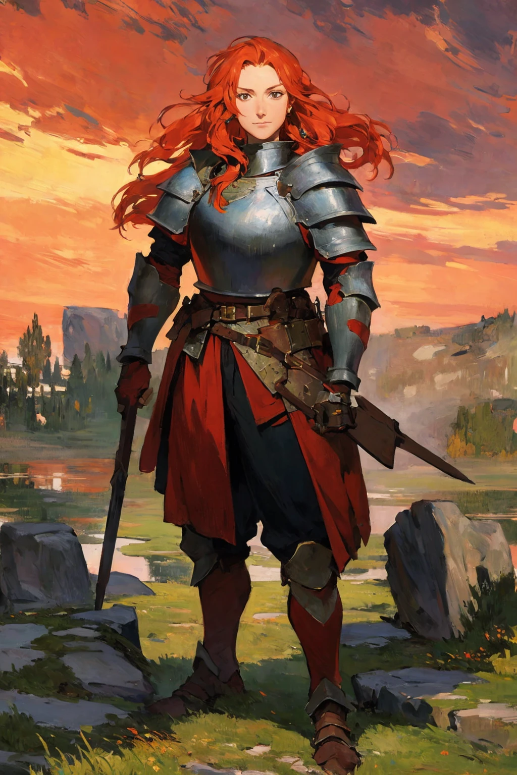 (highly detailed:1.3),pathfinder, masterpiece, best quality, extreme detail, post-Impressionist, close up, rpg portrait, full body, extreme detail, 1female, long ginger hair, warrior, wearing armor, standing on stone, red sky,,look at camera,rpg character, aestheticism, monet color, highly detailed,<lora:PathfinderKM:0.7>