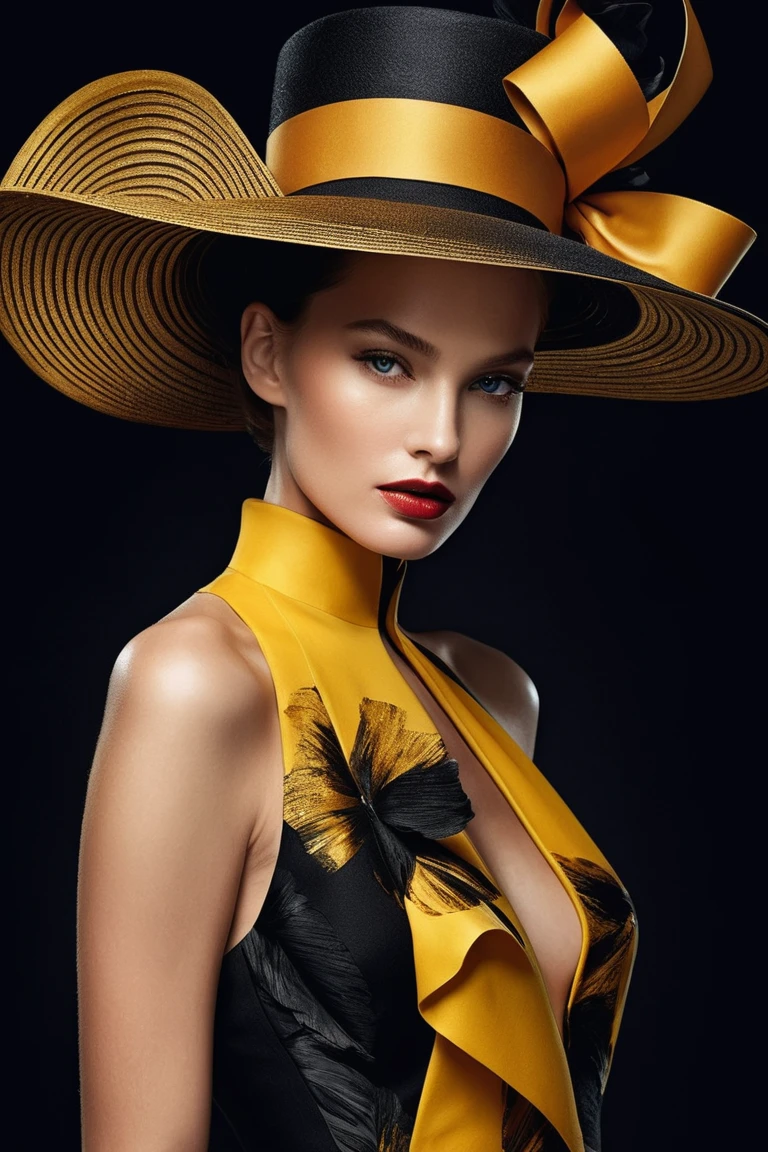 close-up shot, masterpiece+++, (Fashion model immersed in Alberto Seveso's signature inky dynamics)+++, vibrant blacks swathing her elegant form, ensemble accented by cut-paper texture, Konstantin Razumov's imaginary brushwork gracing her silhouette, golden hat striking a bold contrast, surreal elements intermingling, digital render, whimsical undertones, high fashion details, chic SONY ALPHA A7R II, Realistic, Photo, Studio Lighting, Beautiful Lighting, by Beeple, by Greg Rutkowski
<lora:ReaLora:1>
<lora:skin_slider_v1:1>