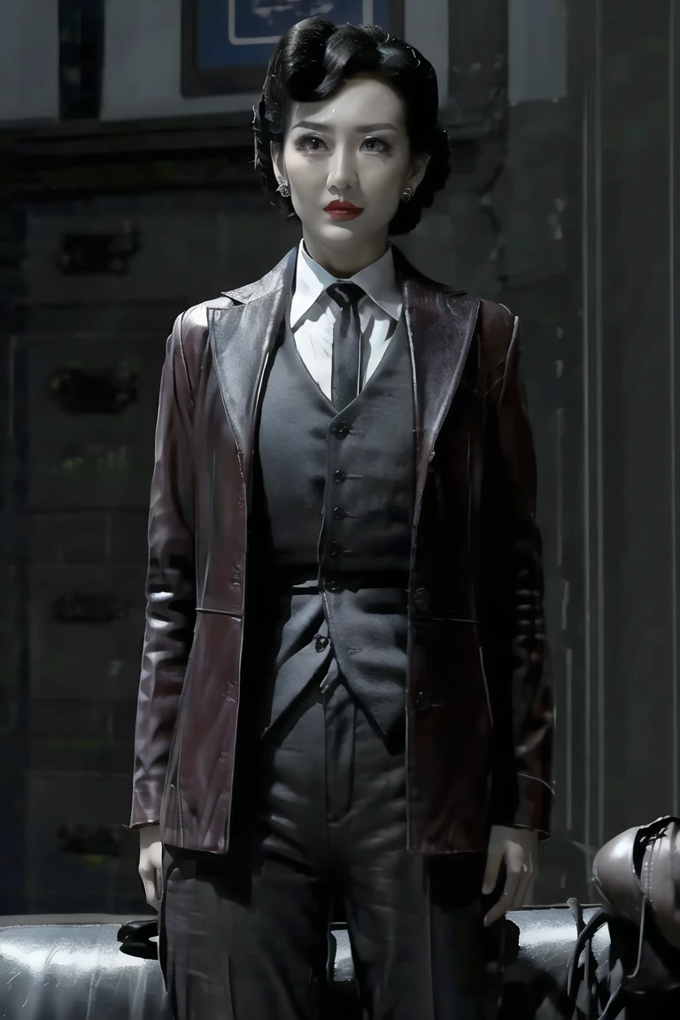1girl, solo, earrings, jewelry, black hair, makeup, red lips, black eyes, short hair,  looking at viewer, high heels,  suit, black necktie,shirt, pants, juntong2, 
 <lora:juntong2:1>