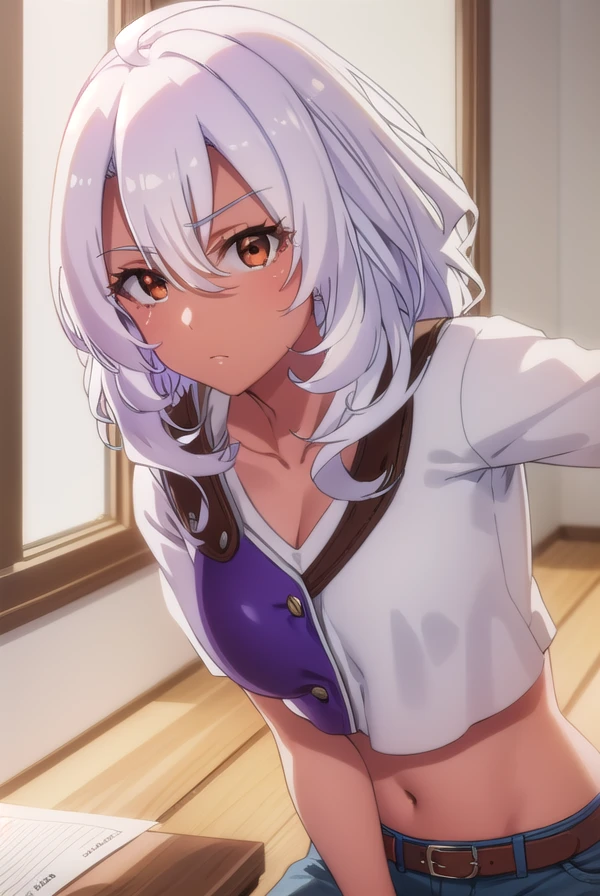altriagrem, <lora:altria grem s2-lora-nochekaiser:1>,
altria grem, long hair, hair between eyes, (brown eyes:1.3), ahoge, white hair, dark skin, dark-skinned female,
BREAK shirt, navel, cleavage, collarbone, white shirt, midriff, belt, pants, dark skin, dark-skinned female, crop top, denim,
BREAK indoors, classroom,
BREAK looking at viewer, ()
BREAK <lyco:GoodHands-beta2:1>, (masterpiece:1.2), best quality, high resolution, unity 8k wallpaper, (illustration:0.8), (beautiful detailed eyes:1.6), extremely detailed face, perfect lighting, extremely detailed CG, (perfect hands, perfect anatomy),