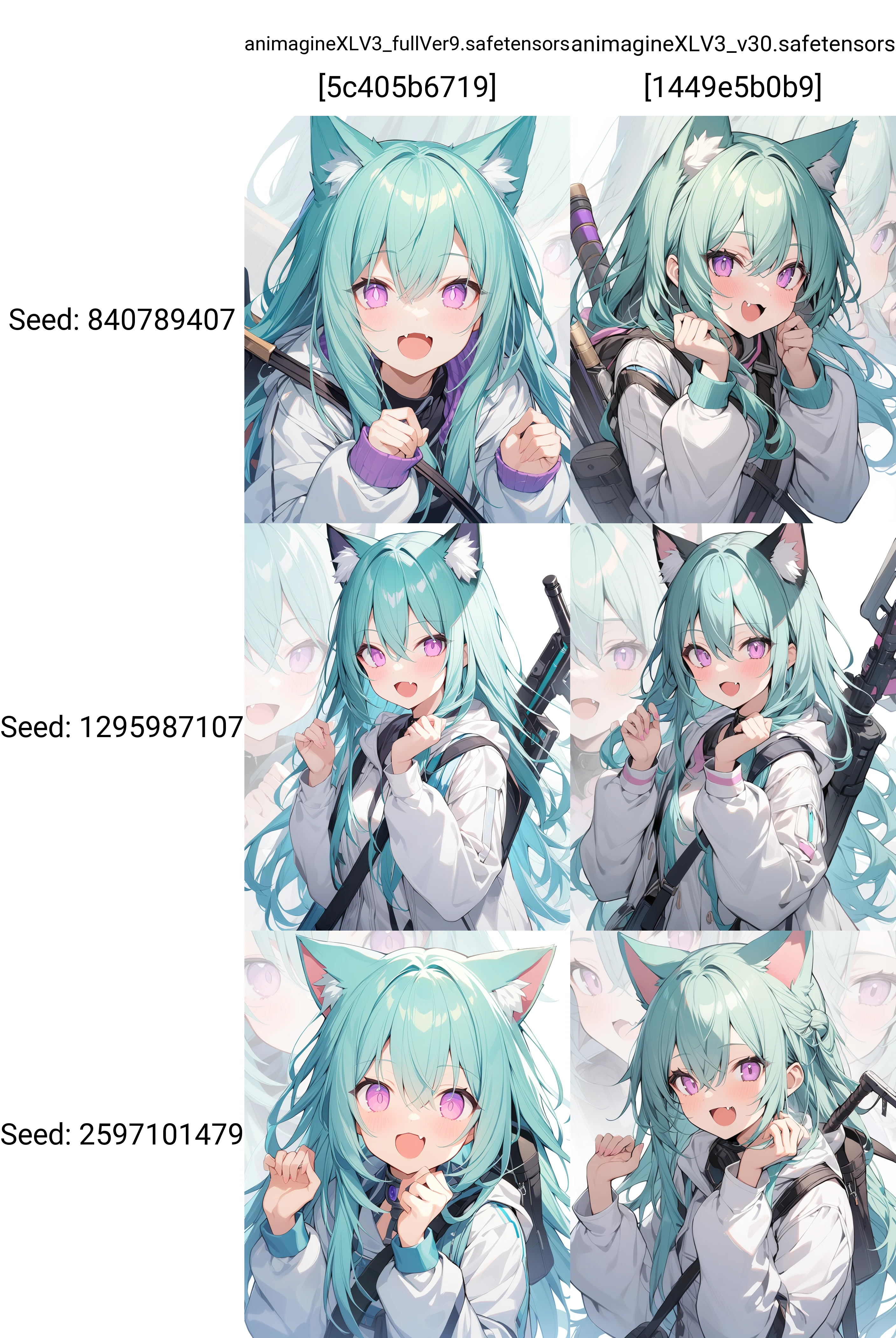 1girl,solo,long hair,looking at viewer,open mouth,bangs,aqua hair,white background,hair between eyes,purple eyes,upper body,:d,fang,pink eyes,hands up,white jacket,cat ears,puffy long sleeves,zoom layer,weapon on back,
masterpiece, best quality