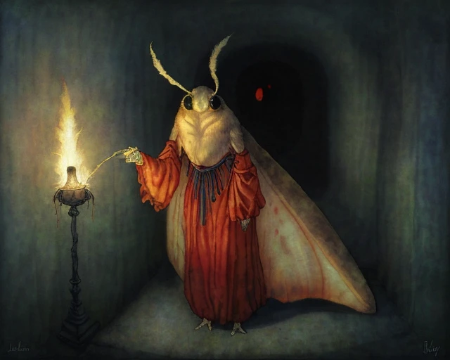 a painting of an anthropomorphic scared moth woman wearing rags, torch in hand, dramatic, spooky, rslp style, intricate detail, by john-bauer, by Bob Eggleton