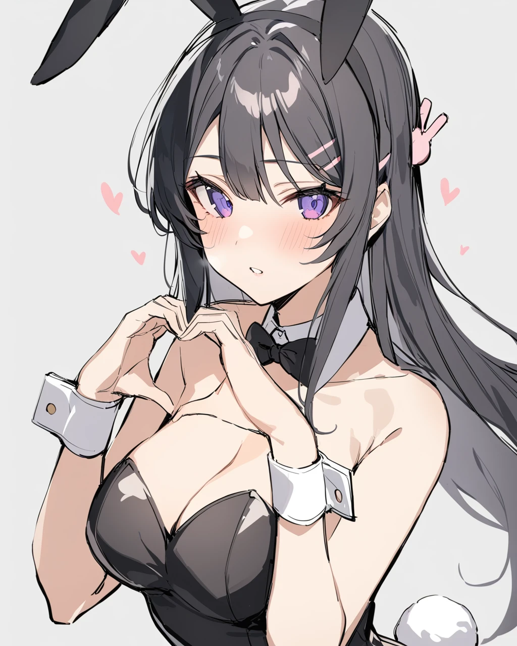 masterpiece, best qualityï¼ <lora:mayi:1>ï¼1girl, solo, animal_ears, heart, rabbit_ears, playboy_bunny, long_hair, breasts, black_hair, heart_hands, hair_ornament, purple_eyes, hairclip, cleavage, upper_body, wrist_cuffs, looking_at_viewer, fake_animal_ears, medium_breasts, leotard, simple_background, bow, black_leotard, detached_collar, bowtie, bangs, strapless, parted_lips, grey_background, white_background, rabbit_tail, strapless_leotard, blush, sketch, tail