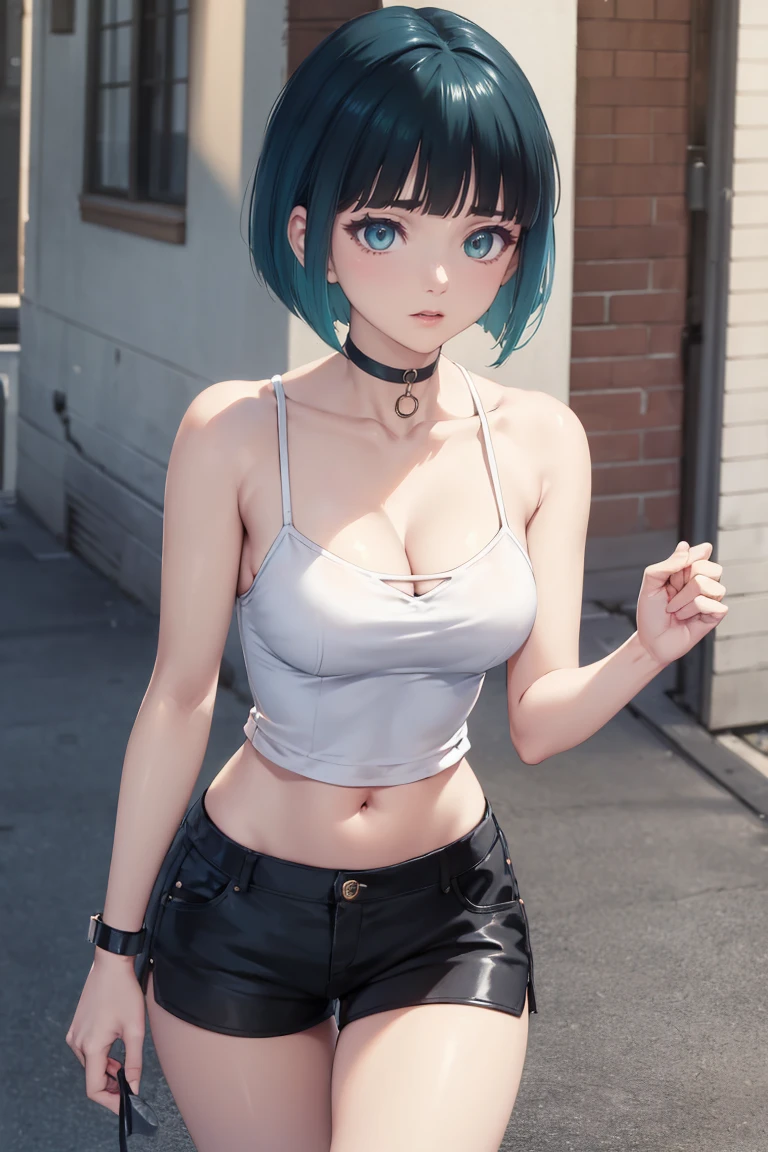 masterpiece, best quality, absurdres, OnoShiragiku, bob cut, black choker, black shorts, casual, cleavage, collarbone, navel, short shorts, spaghetti strap, sleeveless, <lora:OnoShiragiku:1>