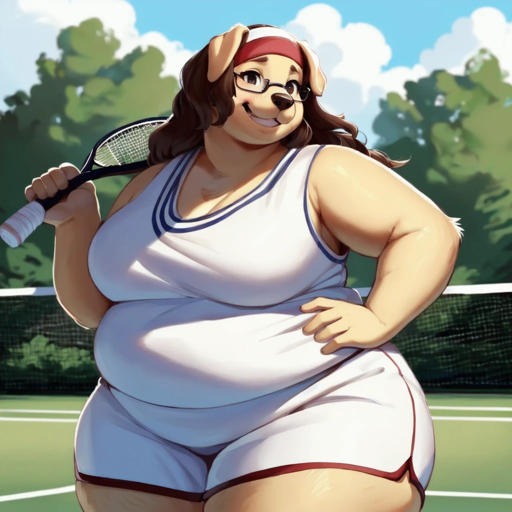 furry:1.5, a (solo) female maiden (labrador retriever:1.3), ((white fur:1.6, very fluffy fur)), standing in tennis court:1.5, outdoor, wearing a tennis outfit:1.8, fully clothed:1.5, wearing large glasses:1.5, (very long straight flowy brown hair:1.5, headband), (shy smile, warm smile, giggling), holding tennis racket, ((morbidly obese:1.9, flabby arms, double chin:1.5, chubby cheeks:1.3, huge hips)), ((by pineconedraws, by braeburned, by Ayami Kojima)):1.5, ((detailed fur texture, absurd res))
