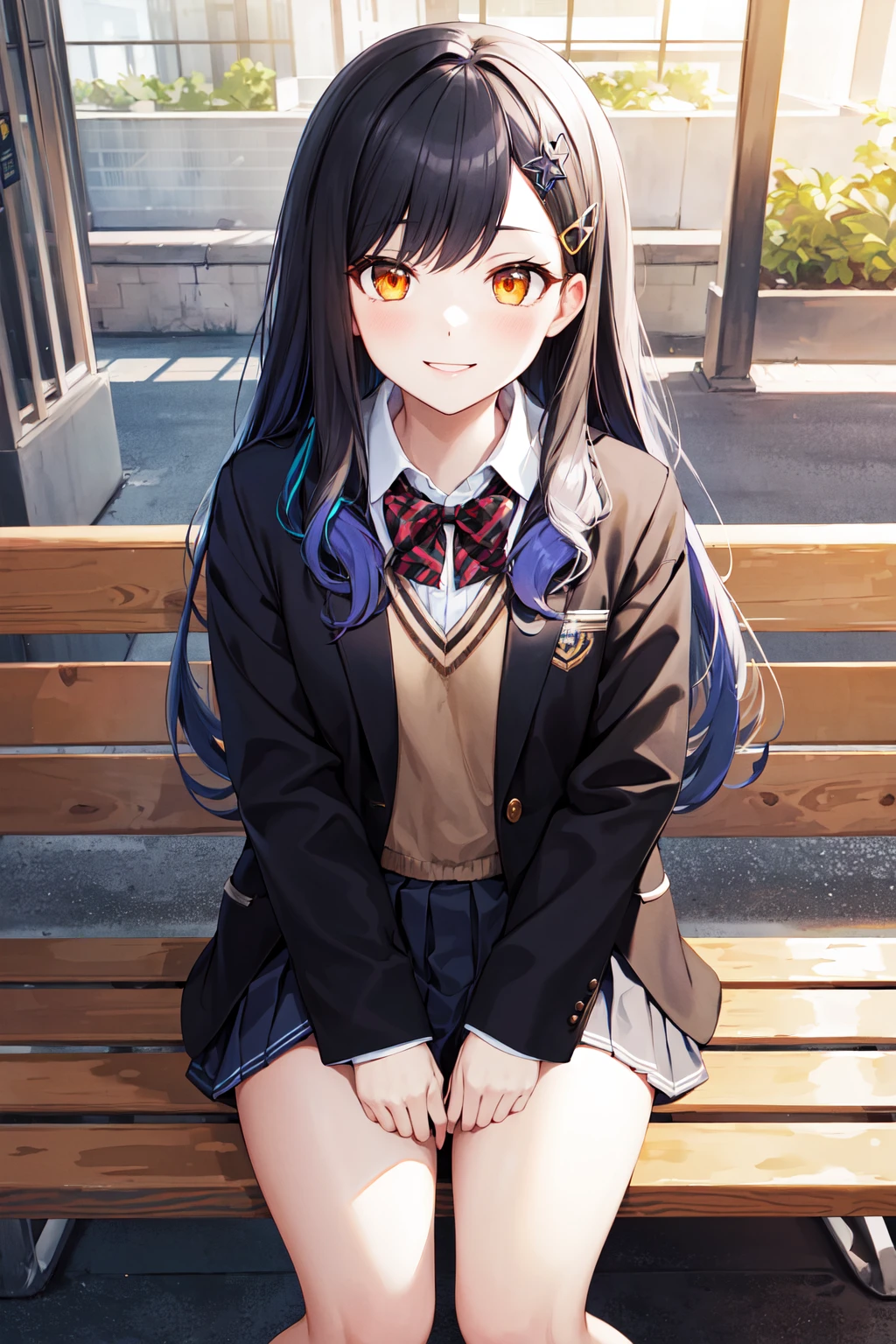 masterpiece, best quality, highres, aaan, long hair, multicolored hair, gradient hair, hair ornament, orange eyes, <lora:shiraishi_an_v1:0.7>, school uniform, black jacket, sitting, bench, smile,