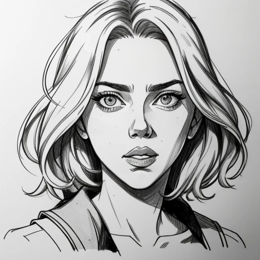 Comic Style Drawing portrait of scarlett johansson, simple empty background, sharp, extreme detailed, HD, HDR, 4K, high quality, high resolution, 2D, Simple, sketch, rough lines, high contrast, monochrome