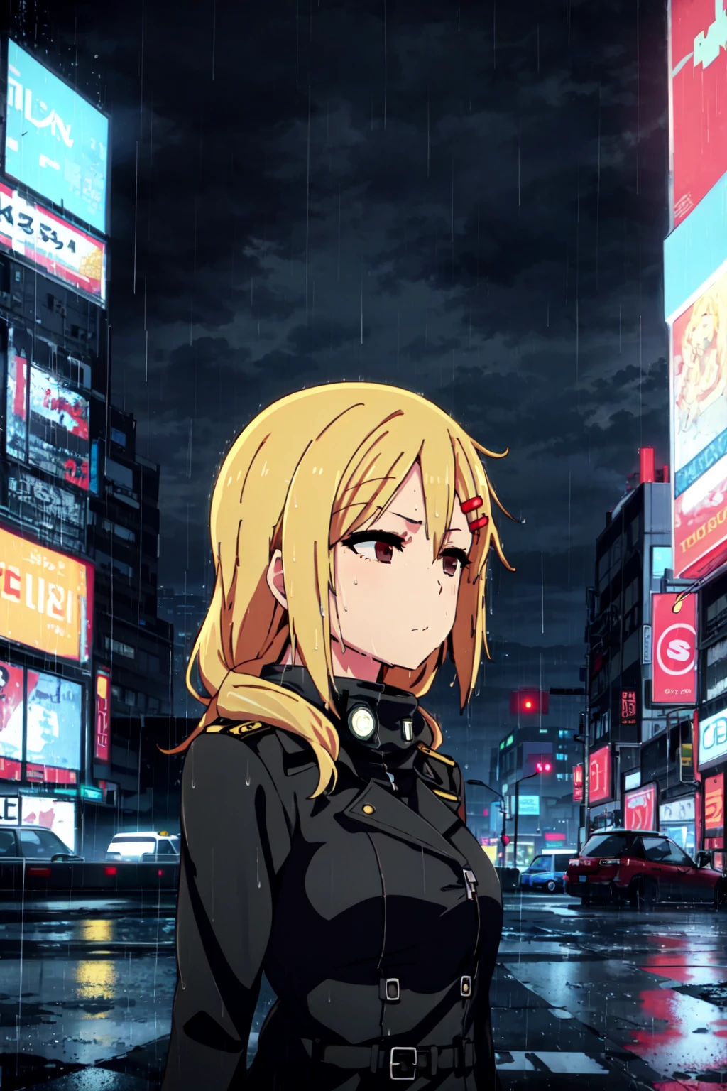 Rio, 1girl, blonde hair, medium hair, hairclip, brown eyes, outdoors, night, city, cyberpunk, futuristic, dystopia, black trench coat, serious, half-closed eyes, looking away, raining, rain, wet, billboards, neon lights, <lora:Rio-12:1>,