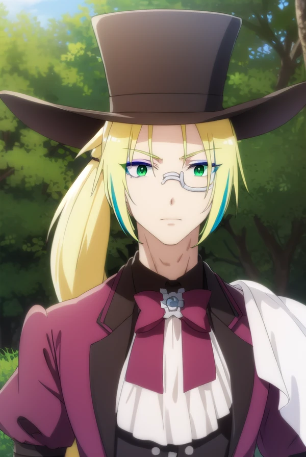 fruitofevolutionvitor, <lora:fruitofevolution vitor s2-lora-nochekaiser:1>,
vitor, long hair, blonde hair, (green eyes:1.3), ponytail, male focus, multicolored hair, glasses, makeup,
BREAK hat, pants, ascot, top hat, monocle,
BREAK outdoors, nature, forest, grass,
BREAK looking at viewer,
BREAK <lyco:GoodHands-beta2:1>, (masterpiece:1.2), best quality, high resolution, unity 8k wallpaper, (illustration:0.8), (beautiful detailed eyes:1.6), extremely detailed face, perfect lighting, extremely detailed CG, (perfect hands, perfect anatomy),