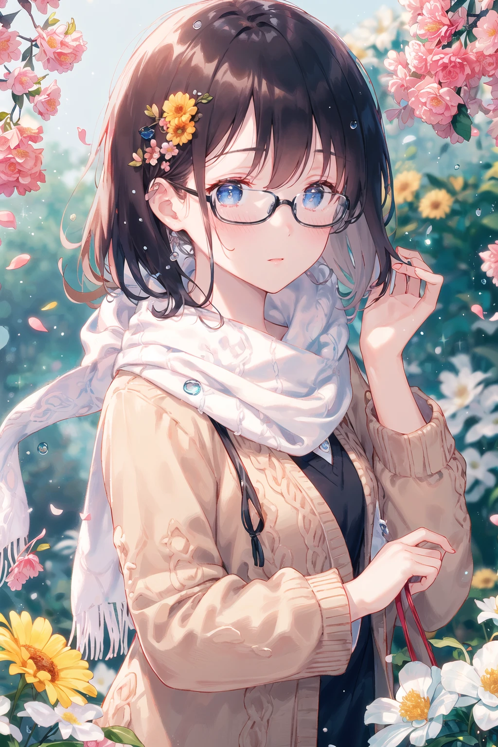 masterpiece, best quality, highres, detailed, illustration, ray tracing, (flowers:1.2), petals, waterdrops, leaves, (light particles:1.2), bokeh, upper body, 1girl, solo, black hair, (blush:1.2), hair ornaments, glasses, scarf, black cardigan, hiten1, <lora:GoodHands-beta2:1>,
