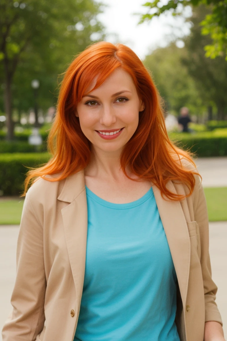 <lora:mondongo_LoRA_KaryByron:1> mndngwmn, redhead,, wearing casual clothes, taking a stroll on the park