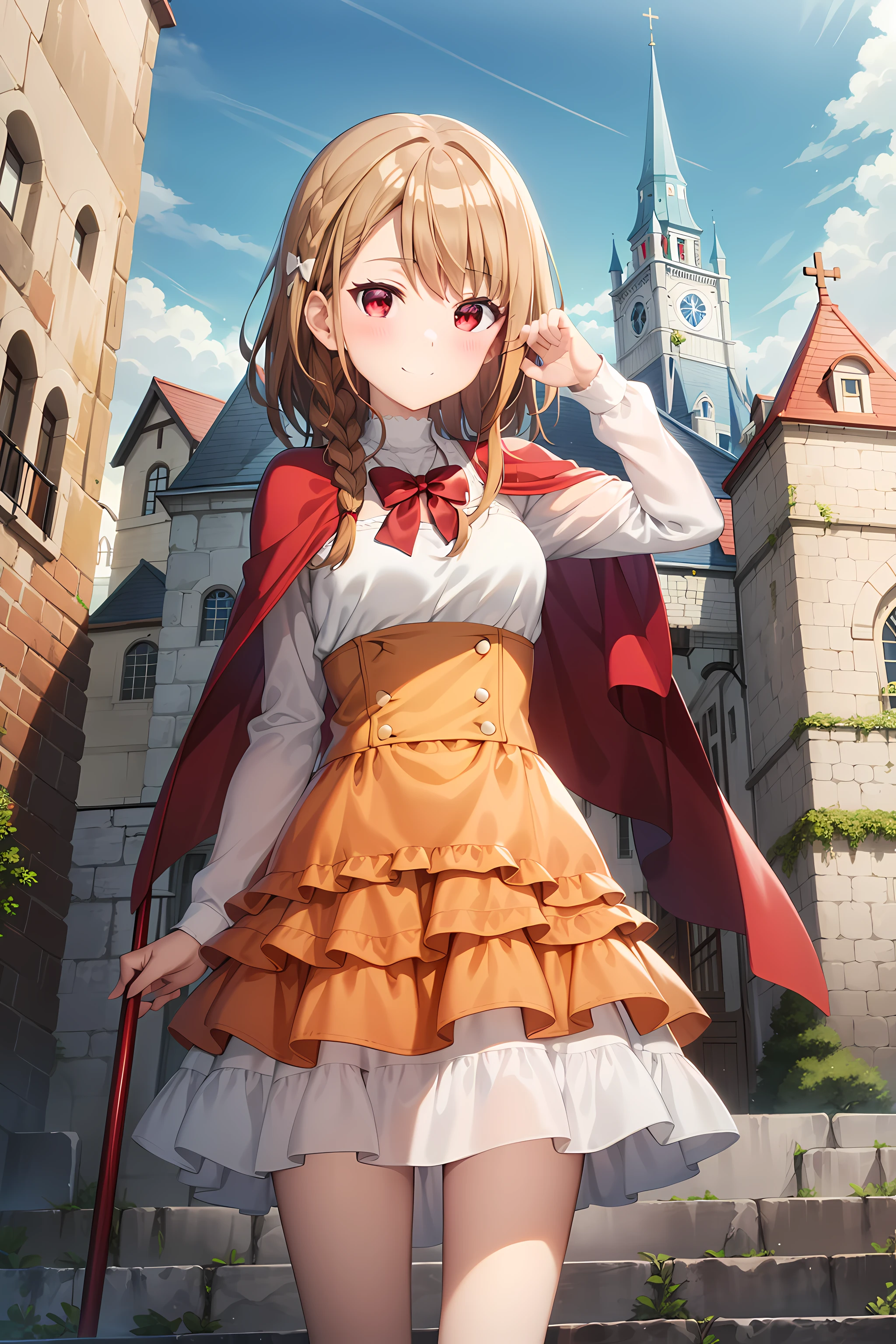 best quality, masterpiece, detailed,
<lora:ImoutoSaeIrebaIi_ShirakawaMiyako:0.8>, ShirakawaMiyako,
solo, closed mouth, light smile, blush,
brown hair, red eyes, (single braid:1.2), straight hair, hair ornament,
MiyakoRPG, orange dress, red capelet, red bow, layered skirt,
standing, looking at viewer, head tilt,
outdoors, fantasy, city, medieval, fountain, castle