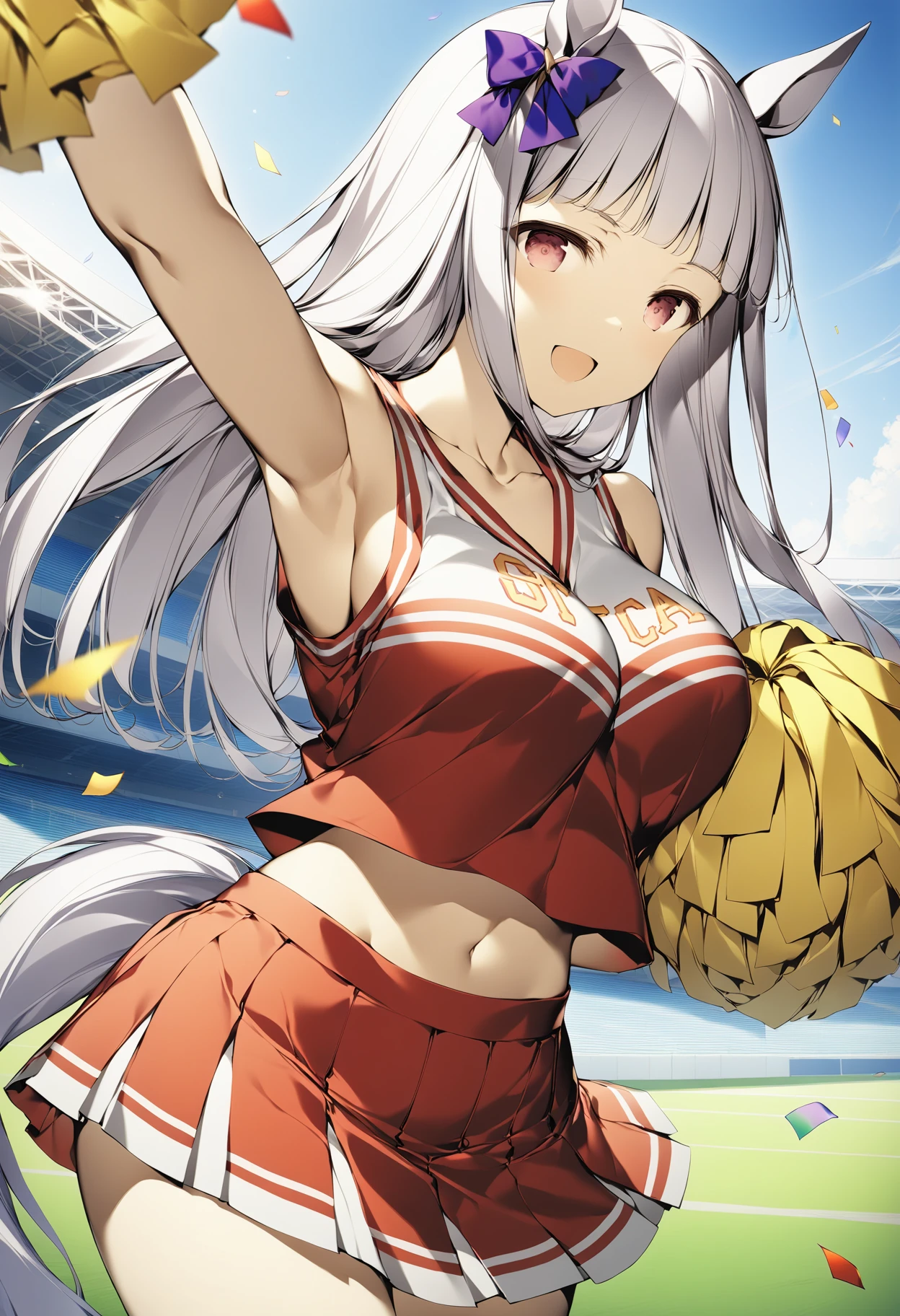 1girl, gold ship \(umamusume\), umamusume, karory, cheerleader, clothes writing, pleated skirt, pom pom \(cheerleading\), collarbone, red clothing, red skirt, hair_down, long hair, horse tail, smile, closed mouth, sleeveless, large breasts, navel, :d, studio lighting, armpits, cowboy shot, (masterpiece, best quality), hdr, detailed shadow, blue sky, (confetti), detailed scenery, stadium <lora:akogare_cheer_girl_animaginexl_1-05:0.8>