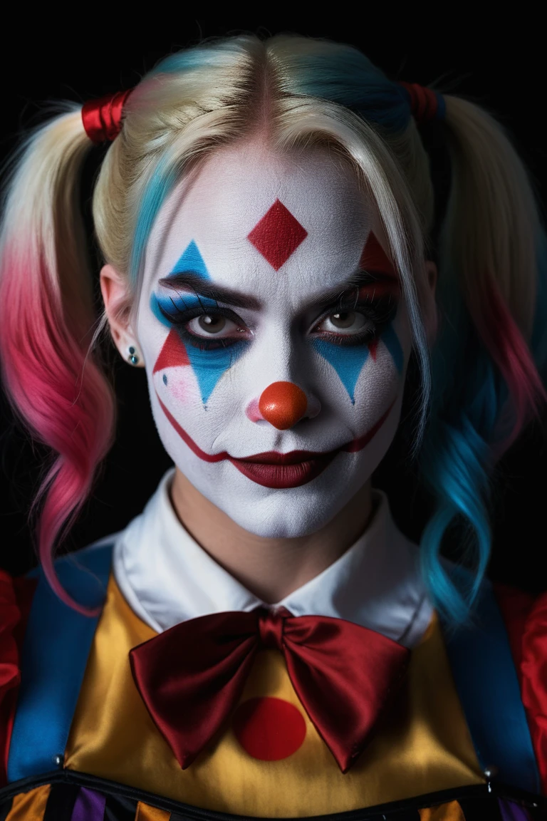 Close-up, (as Harley Quinn, clown makeup), grim smile, relaxed pose, portrait movie shot, serious, menacing, chiaroscuro style photo, dark background, minimalism, dramatic lighting, professional quality, dull highlights and shadows, natural and original
photorealistic, UHD, 32k, photo real, photo realistic, (skin detail), (skin pores), 
 <lora:ReaLora:1>
 <lora:skin_slider_v1:1>