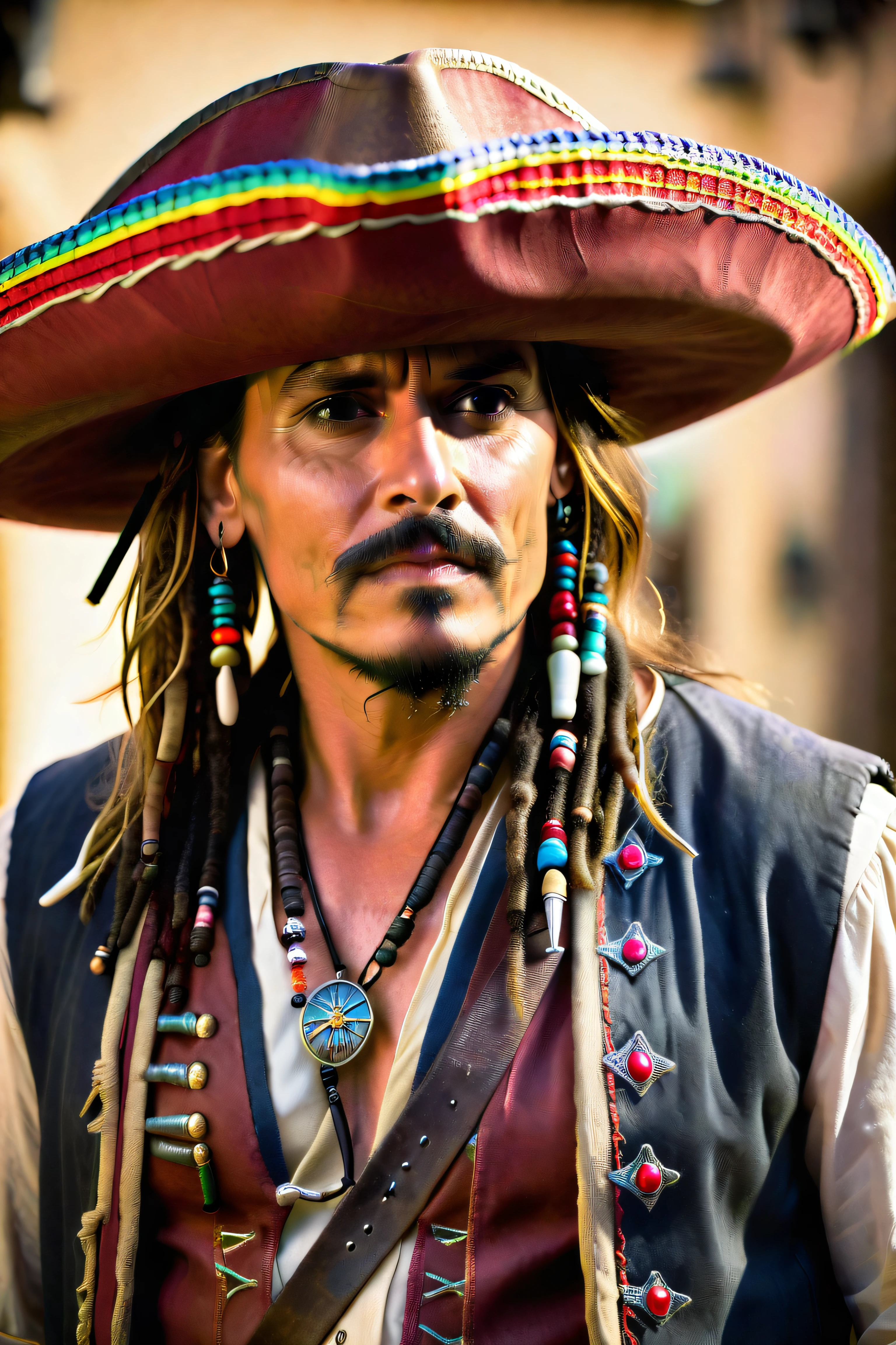 Captain jack sparrow wearing a sombrero, best quality:1, award winning photo, natural lighting,