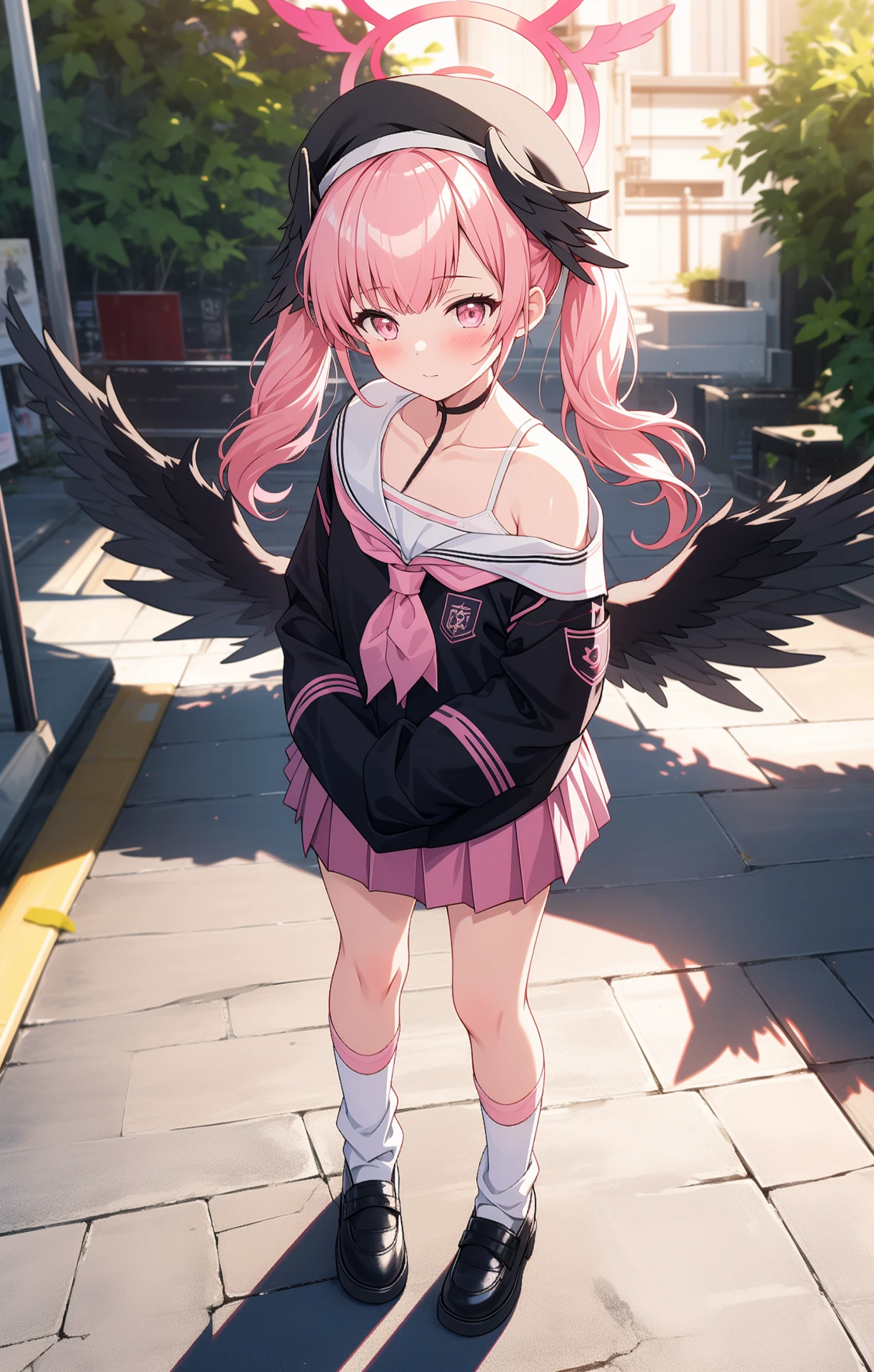 1girl, solo, outdoors, street, looking at viewer, masterpiece, best quality, high resolution, unity 8k wallpaper, (illustration:0.8), (perfect hands, perfect anatomy), blush, shiny hair, shiny skin, expressionless, standing,  koharu, pink hair, medium hair, twintails, tied hair, pink eyes, halo,  school uniform, off shoulder, sailor collar, pink neckerchief, long sleeves, sleeves past wrists, bra strap, miniskirt, pink skirt, pleated skirt, low wings, head wings, beret, from above