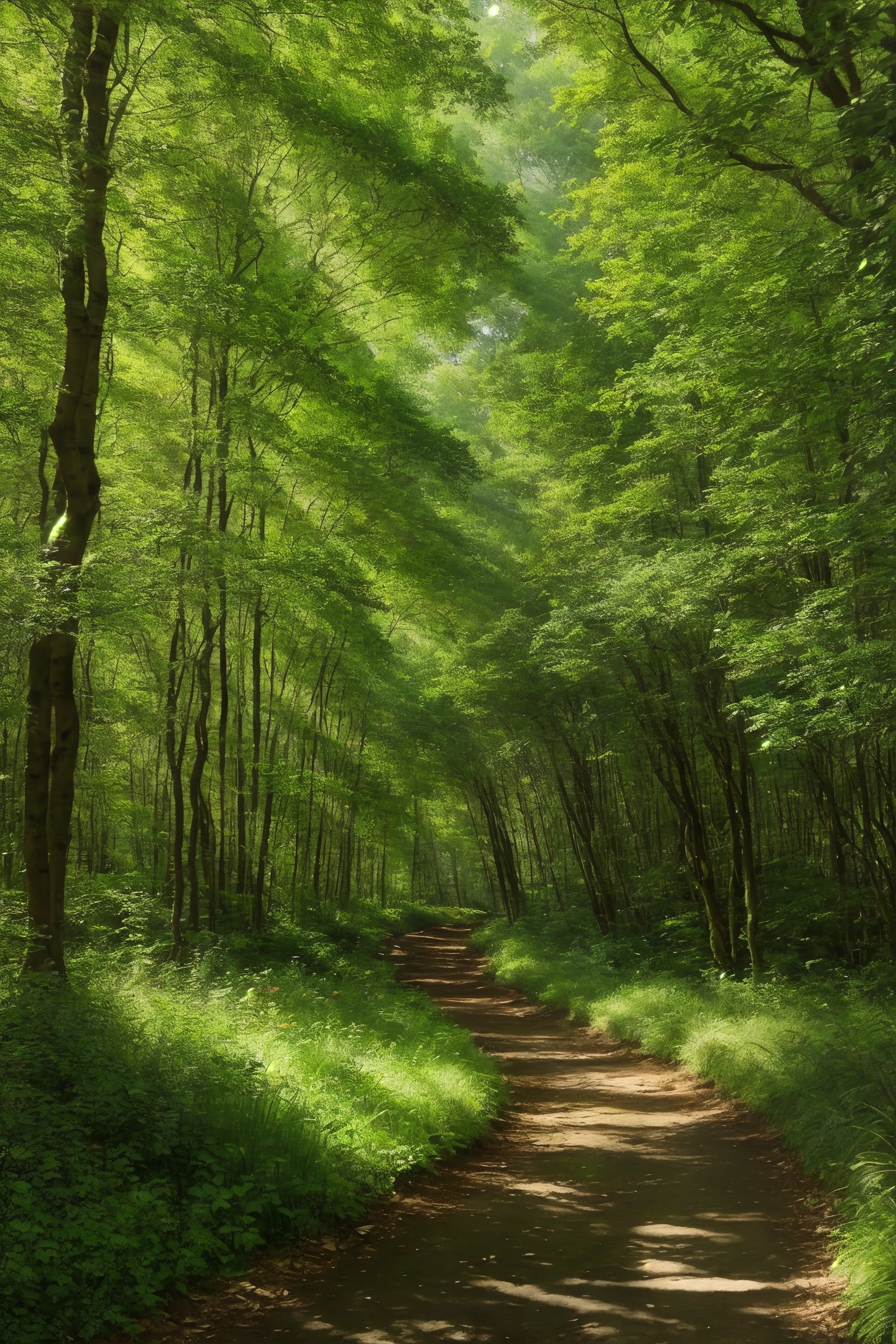 Utmost photographic realism reveals a tranquil forest path in dappled sunlight.