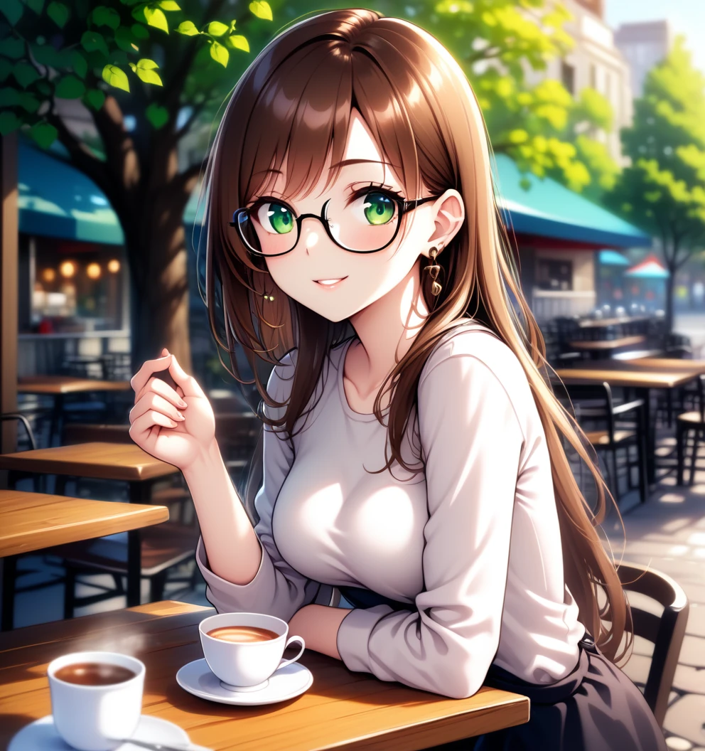 1girl, medium breasts, glasses, brown hair, earrings, long hair, green eyes, cup, tree, cafe, outdoors, table, pov, dress, light smile,
