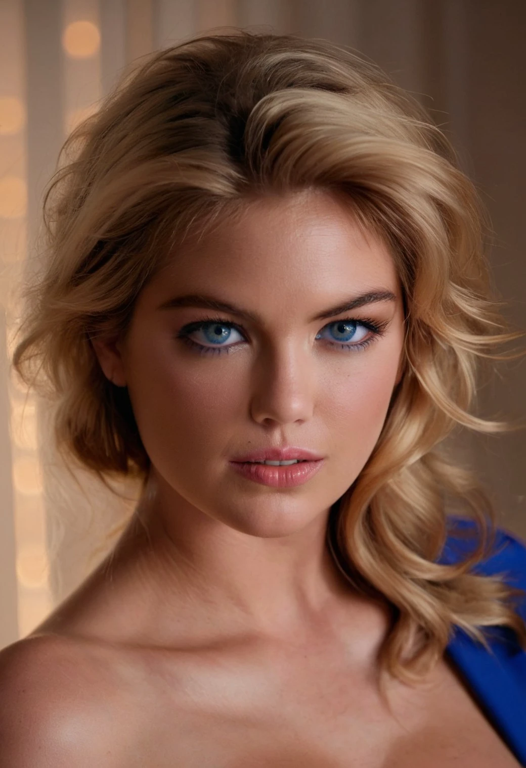 cinematic film still <lora:KateUpton_SDXL_v1.0:1>
upper body studio photography, dramatic key lighting, neutral tones, highlighting ohwx woman's piercing blue eyes, full lips, and tousled blonde hair, powerful presence against beige backdrop, focused spotlight, 1/1000, f/1.4, ISO 1000, bustier, by Mario Testino . shallow depth of field, vignette, highly detailed, high budget, bokeh, cinemascope, moody, epic, gorgeous, film grain, grainy