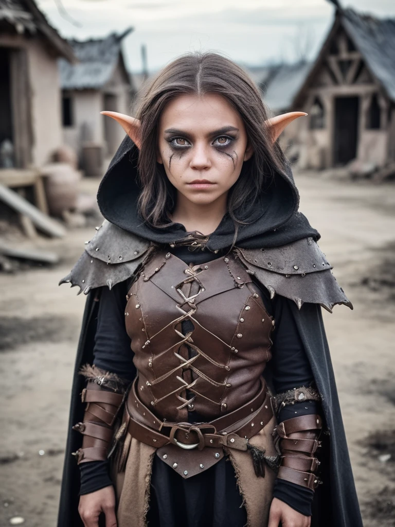 tiny goblin witch wearing intricate cloak and leather armor in a desolate and destroyed fantasy village, fearsome, dramatic, detailed eyes, waist up, medium shot, ring-light, anti-aliasing, color-graded, potrait, nikon D850