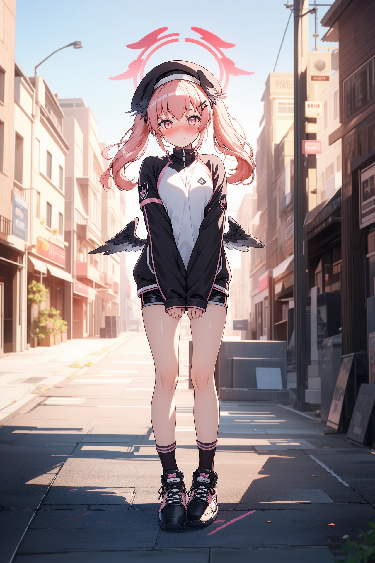 1girl, solo, outdoors, street, looking at viewer, masterpiece, best quality, high resolution, unity 8k wallpaper, (illustration:0.8), (perfect hands, perfect anatomy), (blush:1.3), shiny hair, shiny skin, expressionless, embarrassed, standing, koharu, pink hair, medium hair, twintails, tied hair, pink eyes, halo, low wings, head wings, beret, jacket, black jacket, sneakers, socks, puffy sleeves, sleeves past wrists, arms between legs, black shorts, short shorts