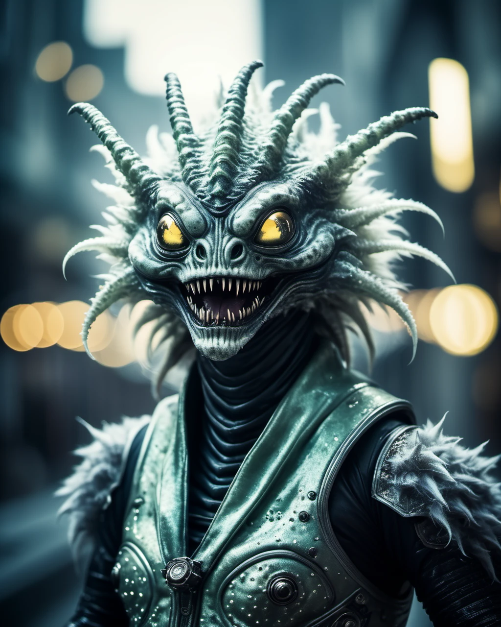 desaturated, cinematic shot of an peculiar fluffy alien abomination, Fins, Transparent limbs,Regenerating, speckled alien skin,multiple pupils,elegant alien tunic made of Alien Skin Leatherlaughing facial expression, lips puckedexpressive alien creature, science fiction, cyberpunk, futuristic, fantasy, ((bright scene)), alien landscape, soft focus, cinematic lighting, imax, dslr, photography, bokeh