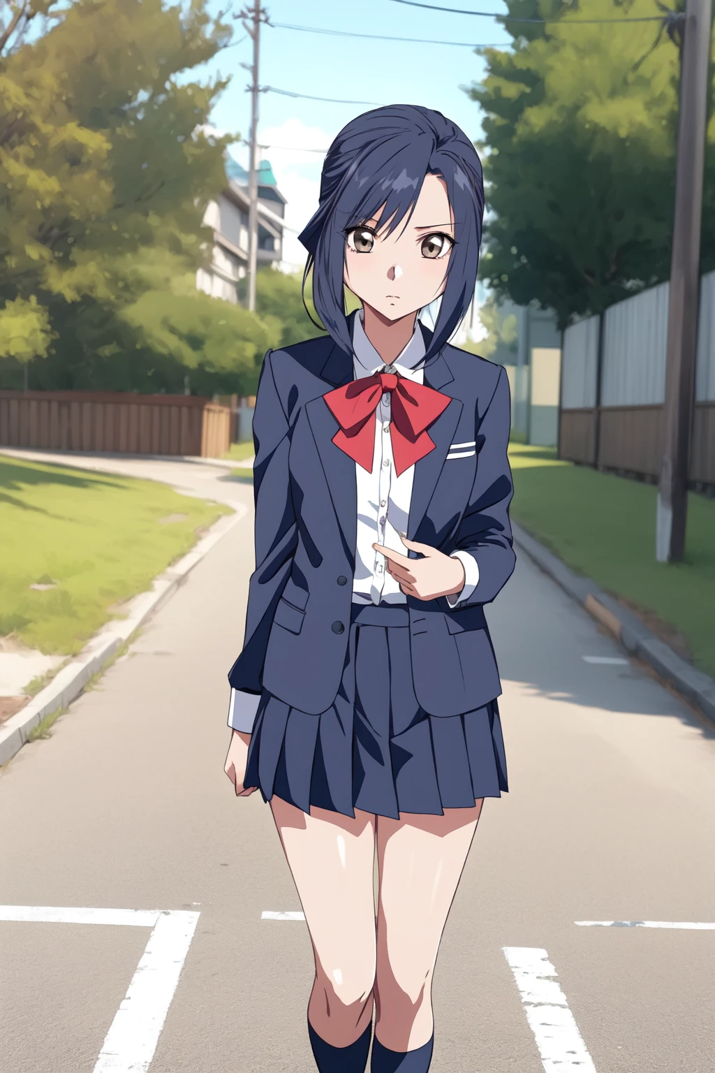 (RAW photo, best quality), 1girl,  natural lighting,
<lora:innai_kansen_hikami_saeko_v1_2:1>,  hikami saeko,  
school uniform, JK, school girl, blazer, ribbon, outdoor, school,