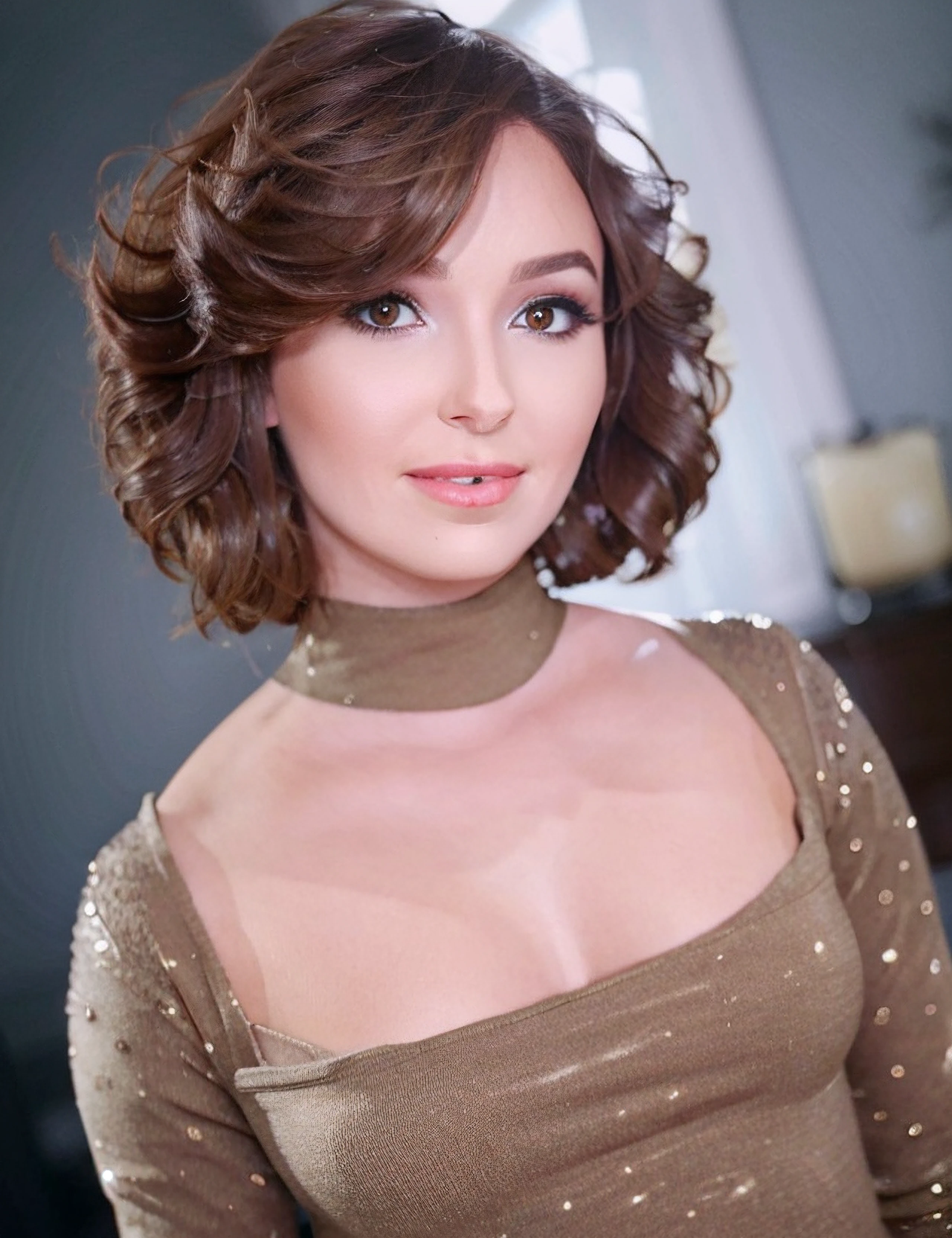 Caption/Description: llov, professional photographic portrait, cute, makeup, (blush, eyeliner, lip gloss), face focus, (intricate skin details), photorealistic, absurdres, straight hair, bob haircut, turtleneck, ((upper body focus)), modelshoot, pose, facing viewer, formal dining room, candle light, looking at viewer, blurry background <skinhairdetail>,<cs-bbz>,<nervous512>