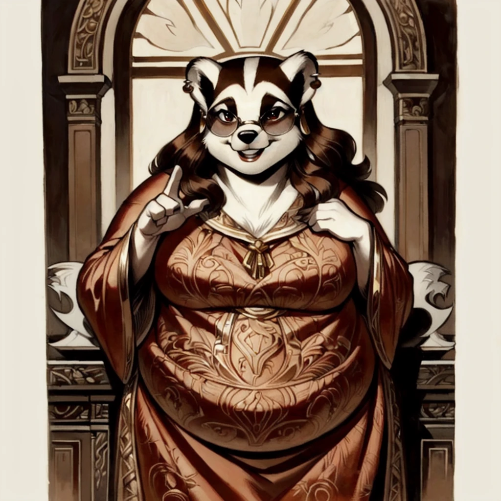 furry:1.5, a (solo) female maiden (badger:1.3), standing in her living room, wearing a long white muumuu:1.5, wearing earrings, wearing large glasses:1.5, (very long straight flowy brown hair:1.5, fauxhair, hair on her head), (shy smile, warm smile), welcoming gesture, ((morbidly obese:1.4)), ((by Jerome Jacinto, by Milton Caniff)):1.5, ((detailed fur texture, absurd res, realistic, 4 fingers)), ((neoclassicism, engraving, hatching \(art\), metalcut)):1.2