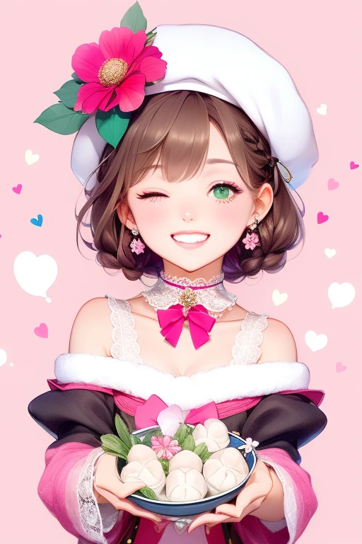 Winter Solstice, a bowl of dumplings, oversized food, 1girl, looking at the viewer, short hair, bangs, brown hair, hair accessories, hat, bow, ribbon, bare shoulders, jewelry, green eyes, upper body, pink hair, flowers, heart , headband, earrings, one eye closed, choker, hair flower, bow tie, off the shoulders, grin, head tilt, eyelashes, sparkles, beret, white headdress, pink background, pink bow, red flower , lace decoration, lace, pink flower, cap flower, lace choker, bowl, dumpling, hug, chibi, double braid, white background,