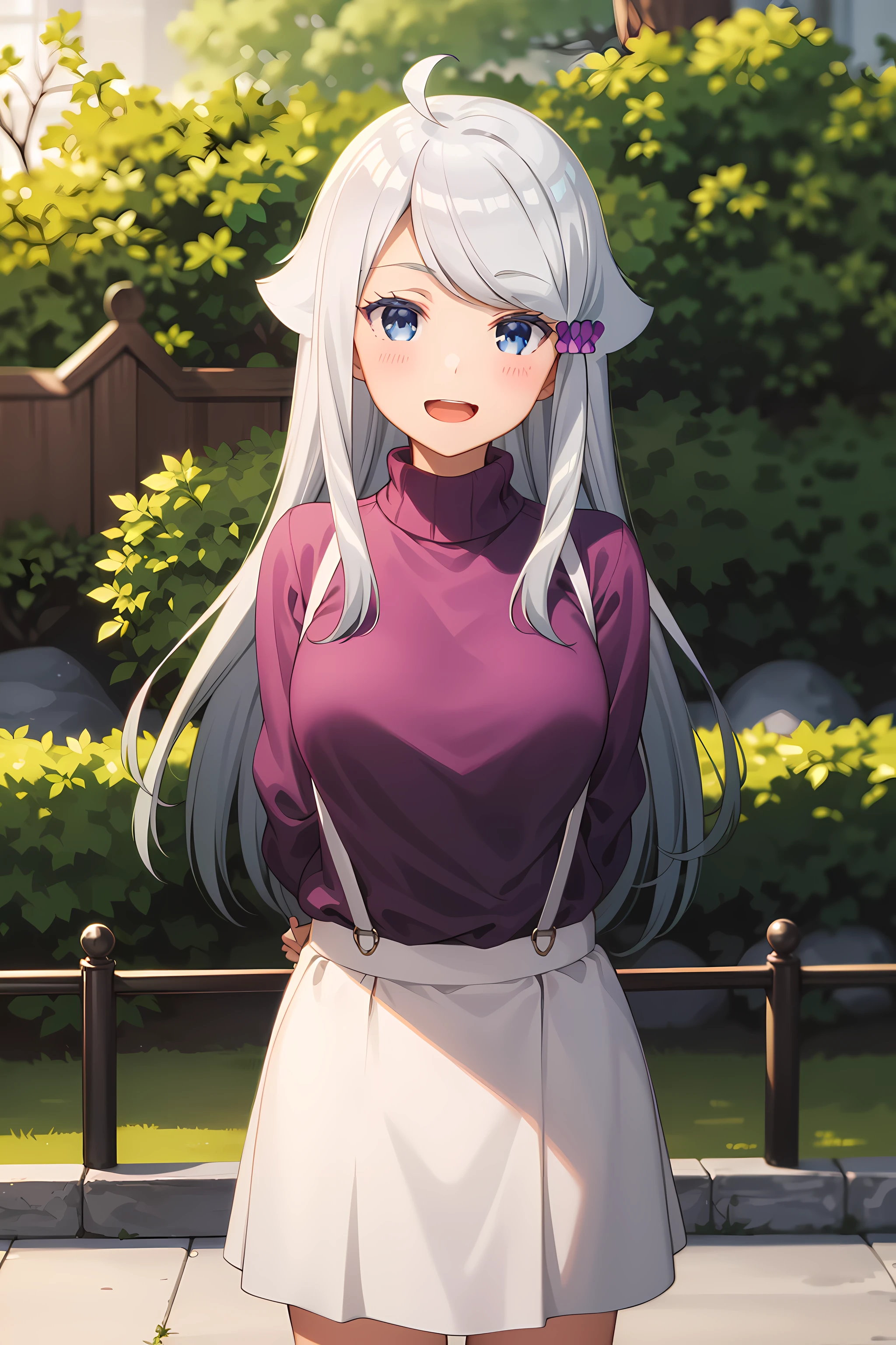 best quality, masterpiece, detailed,
<lora:ImoutoSaeIrebaIi_KaniNayuta:0.8>, KaniNayuta,
1girl, solo, open mouth, smile, blush,
grey hair, blue eyes, long hair, hair scrunchie, (pink scunchie:1.2), hair flaps, ahoge,
NayuCasual2, (purple sweater:1.3), white skirt,  suspenders, shirt tucked in, 
standing, arms behind back, looking at viewer,
outdoors, park, tree