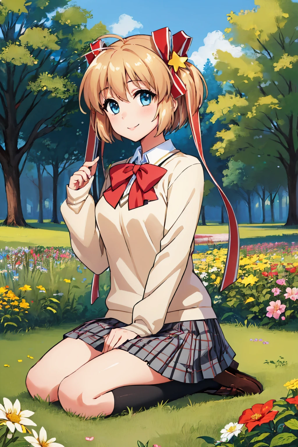 (masterpiece, best quality:1.2), solo, 1girl, kamikita komari, smile, looking at viewer, seiza, twintails, hair ribbon, school uniform, sweater, bow, plaid skirt, loafers, outdoors, flower field <lora:littlebusters_kamikita-10:1>