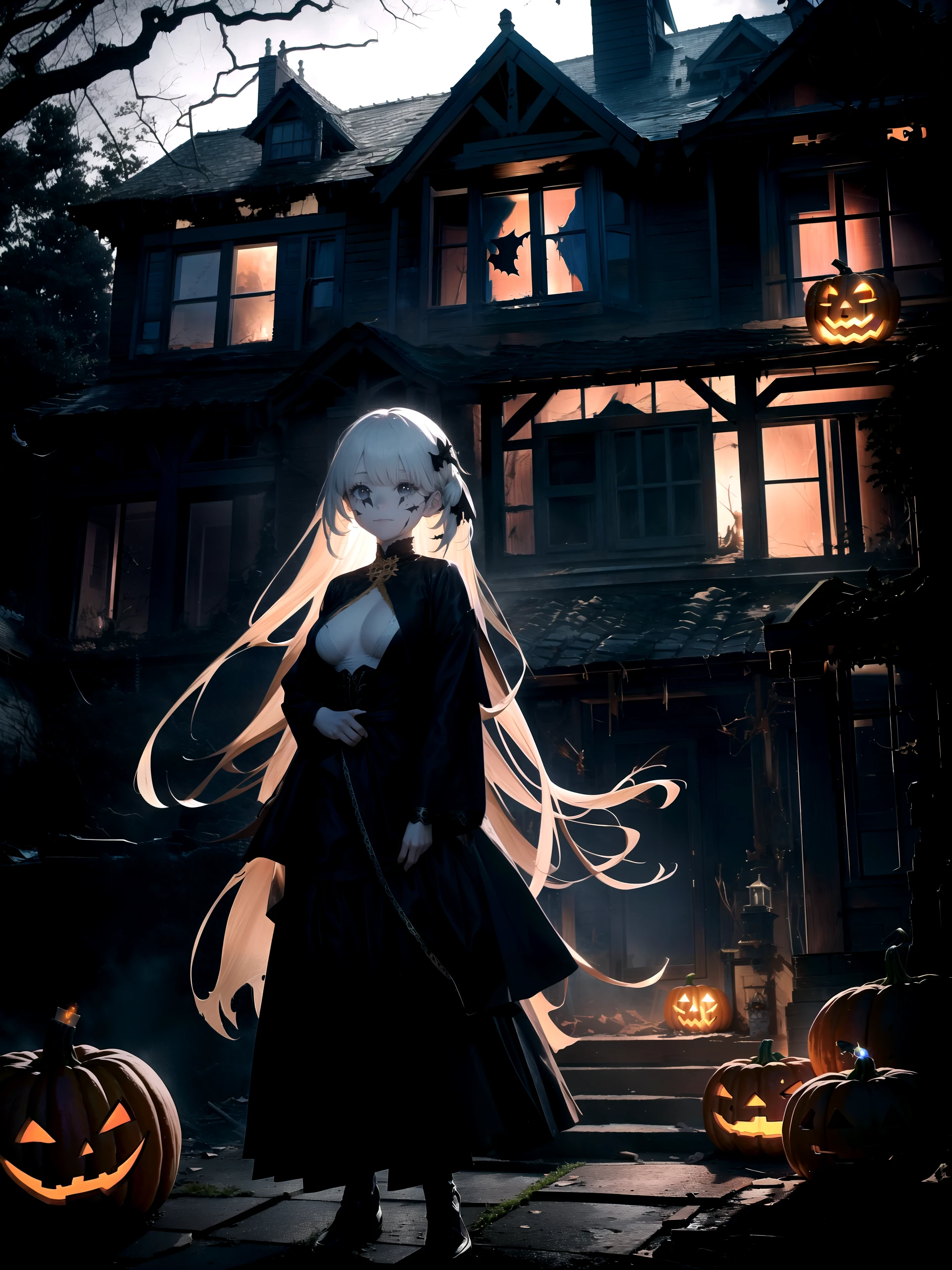 a girl in a Halloween costume, standing in front of a haunting house adorned with eerie decorations. The girl's costume is inspired by the mystical and macabre, with dark colors, flowing fabric, and intricate details. She holds a carved pumpkin, its flickering candle casting an eerie glow on her face. The haunting house behind her is dilapidated, with broken windows and overgrown vines, creating a spooky atmosphere. Shot with a Sony A7 III, Fujifilm Velvia 50 film, 35mm lens, capturing the haunting beauty of the scene with rich colors and sharp details.