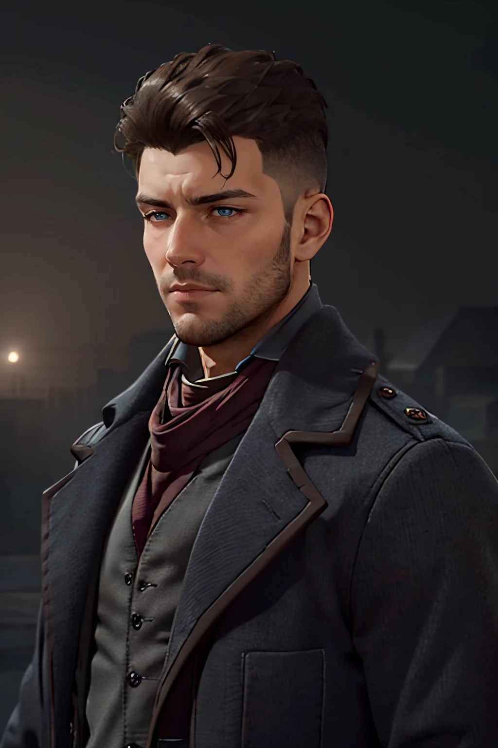 Geoffrey McCullum,  dark brown hair,  (crewcut,  high fade),  blue eyes,  stubble,  handsome,  charming,  alluring,  rugged,  black trench coat,  black pants,  grey vest,  dark red cravat,  (standing),  (upper body in frame),  simple background,  1918 London,  fog,  dark atmosphere,  perfect light,  perfect anatomy,  perfect proportions,  perfect perspective,  8k,  HQ,  (best quality:1.5,  hyperrealistic:1.5,  photorealistic:1.4,  madly detailed CG unity 8k wallpaper:1.5,  masterpiece:1.3,  madly detailed photo:1.2),  (hyper-realistic lifelike texture:1.4,  realistic eyes:1.2),  picture-perfect face,  perfect eye pupil,  detailed eyes,  realistic,  HD,  UHD,  (front view:1.2),  portrait,  looking outside frame, perfecteyes,<lora:EMS-498-EMS:0.000000>,<lora:EMS-262908-EMS:0.600000>