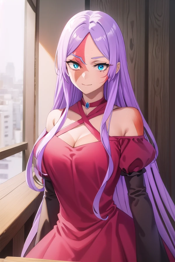 angurea, <lora:angurea s2-lora-nochekaiser:1>,
angurea, long hair, very long hair, purple hair, blue eyes, (scar:1.5), (parted bangs:1.5), smile, grin,
BREAK gloves, dress, cleavage, black gloves, red dress, long sleeves, puffy sleeves,
BREAK indoors, classroom,
BREAK looking at viewer,
BREAK <lyco:GoodHands-beta2:1>, (masterpiece:1.2), best quality, high resolution, unity 8k wallpaper, (illustration:0.8), (beautiful detailed eyes:1.6), extremely detailed face, perfect lighting, extremely detailed CG, (perfect hands, perfect anatomy),
