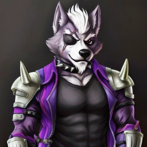 male, wolf, solo, wearing jacket, eyepatch, red eyes, grey body, scar, wolf o'donnell, purple clothing, spikes, armor, collar, fancy, black shirt , muscular