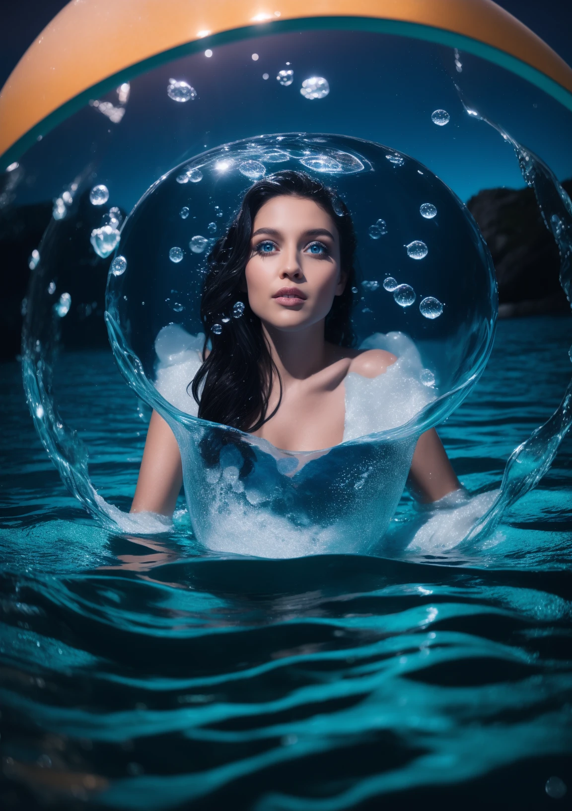 night, moonlight, waves, water bubbles and drops, (inside the bubble is an image of a beautiful young woman)