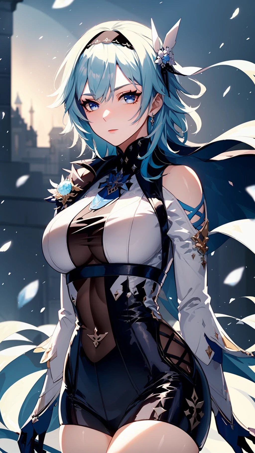 A woman on the castle at night,eula,eula \(genshin impact\),blue eyes,blue hair,short hair,bblack hairband,thighhighs,wind,
huge filesize,artbook,Cinematic Lighting,<lora:[LoRA] mhy_genshin_Eula_v1.0:1>,medium breasts,cinematic_angle,in winter,, (masterpiece, high resolution, best quality:1.4, breathtaking, ultra detailed)