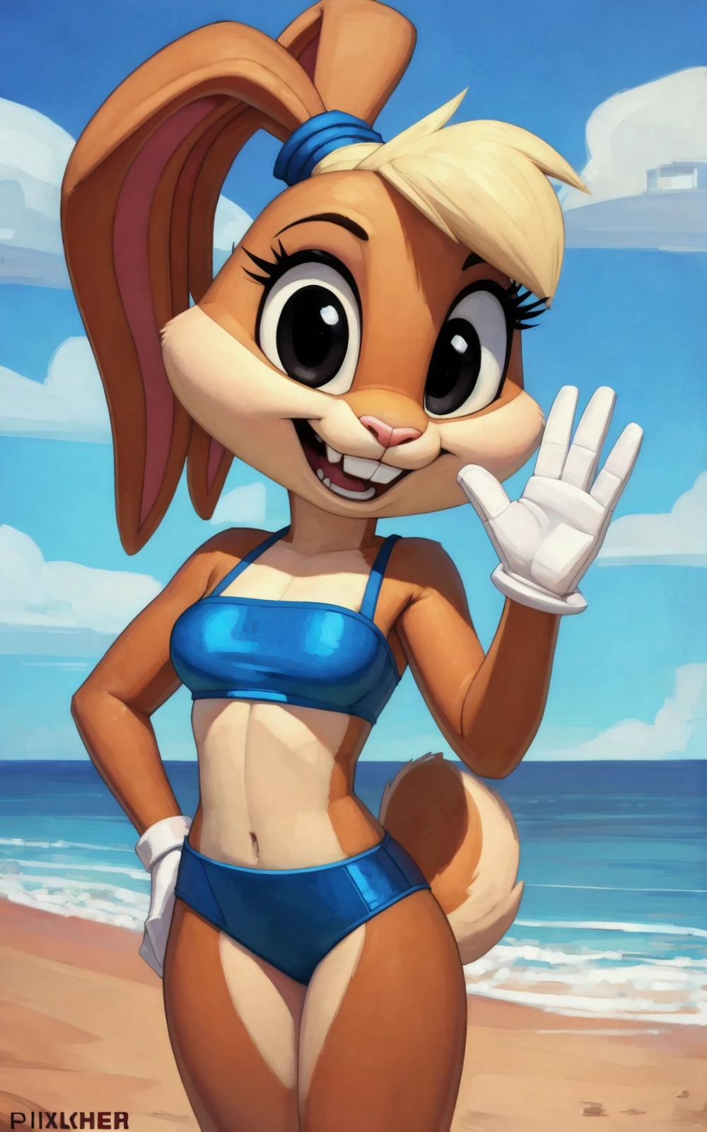 8k,4k,((Best quality, masterpiece, ultra high resolution)),((full body, by pixelsketcher)), <lora:LolaTLTS:0.7>,LolaTLTS,furry female, rabbit girl, furry, animal ears, tail, rabbit ears, rabbit tail, animal nose, black eyes, teeth,white gloves,  ponytail,hair tie,two-tone fur, buck teeth, blonde hair,eyelashes,beach ,blue bikini, waving ,[[open mouth]],smile,looking at viewer