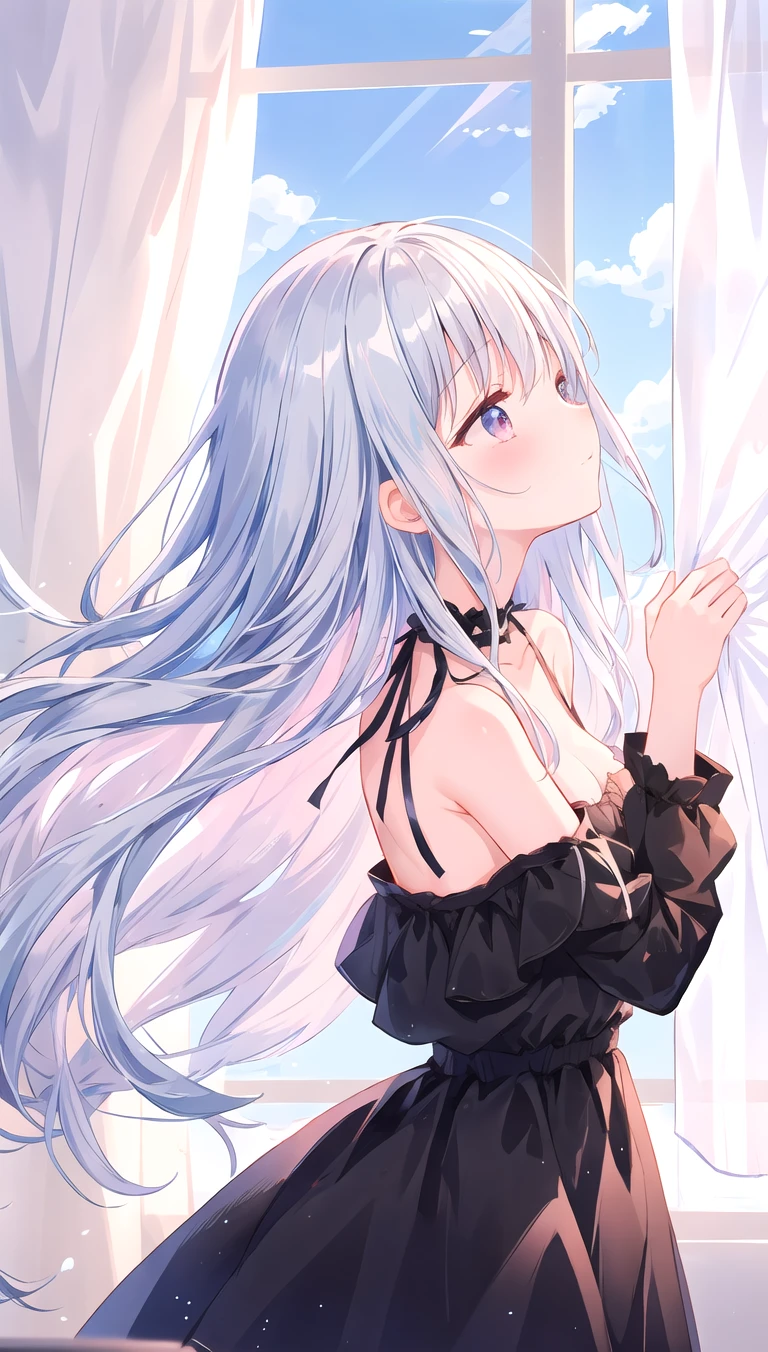 cute girl, black dress, open shoulder, laced skirt, silver hair, from side, long hair, looking up, disheveled hair, window, curtain, sunlight, shinny hair,