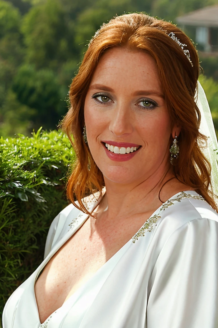 closeup portrait of allover30rose, wearing wedding dress, sleeves, (sfw:1.2), outdoor, garden <lora:allover30rose:1>