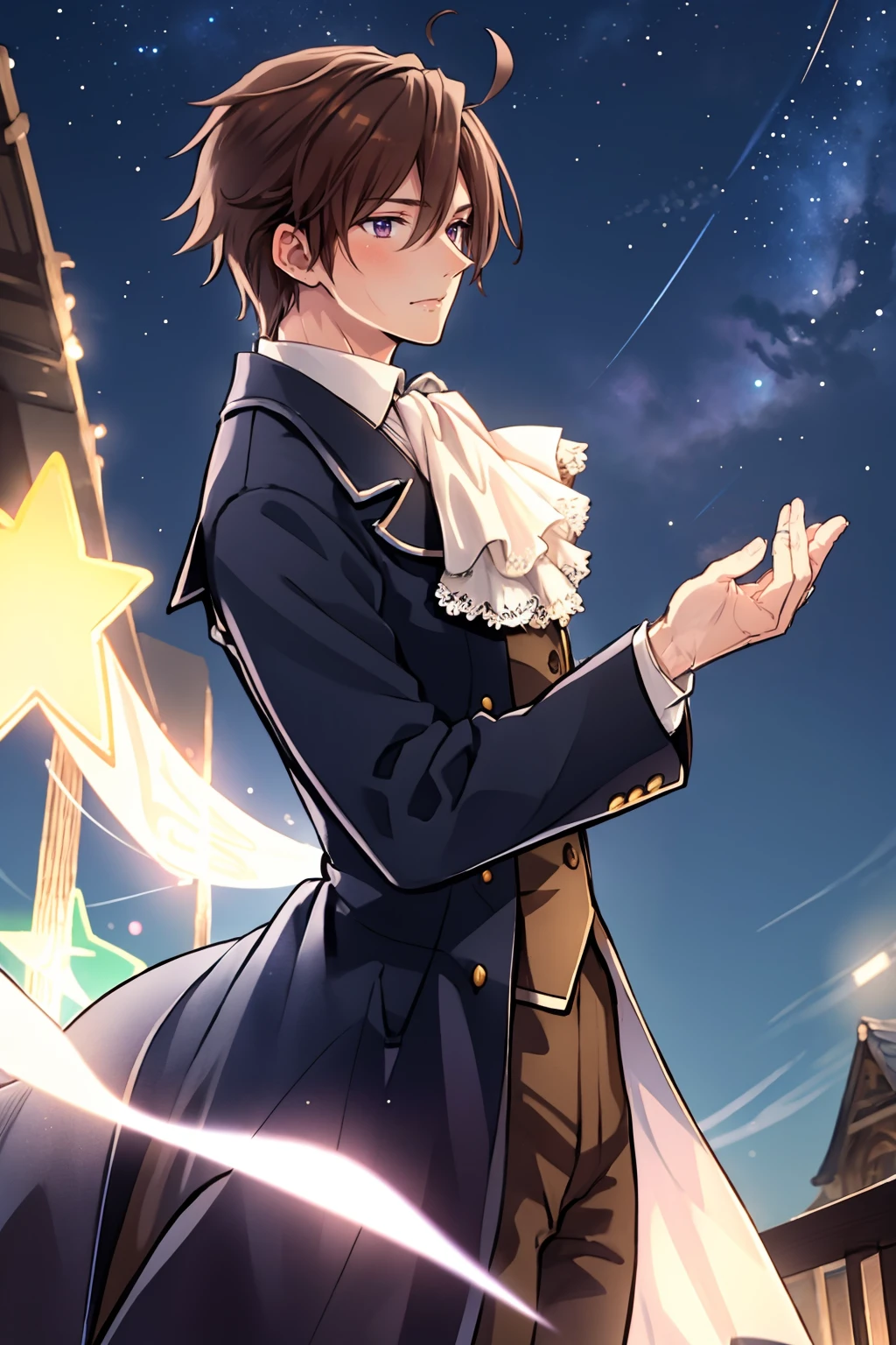 ultra detailed, sharp focus, best quality, masterpiece, colorful, <lora:NSAustriaHetalia:1> 1boy, NSAustriaHetalia, brown hair, ascot, waistcoat, stars, night sky, best quality, dynamic lighting, masterpiece, intricate details