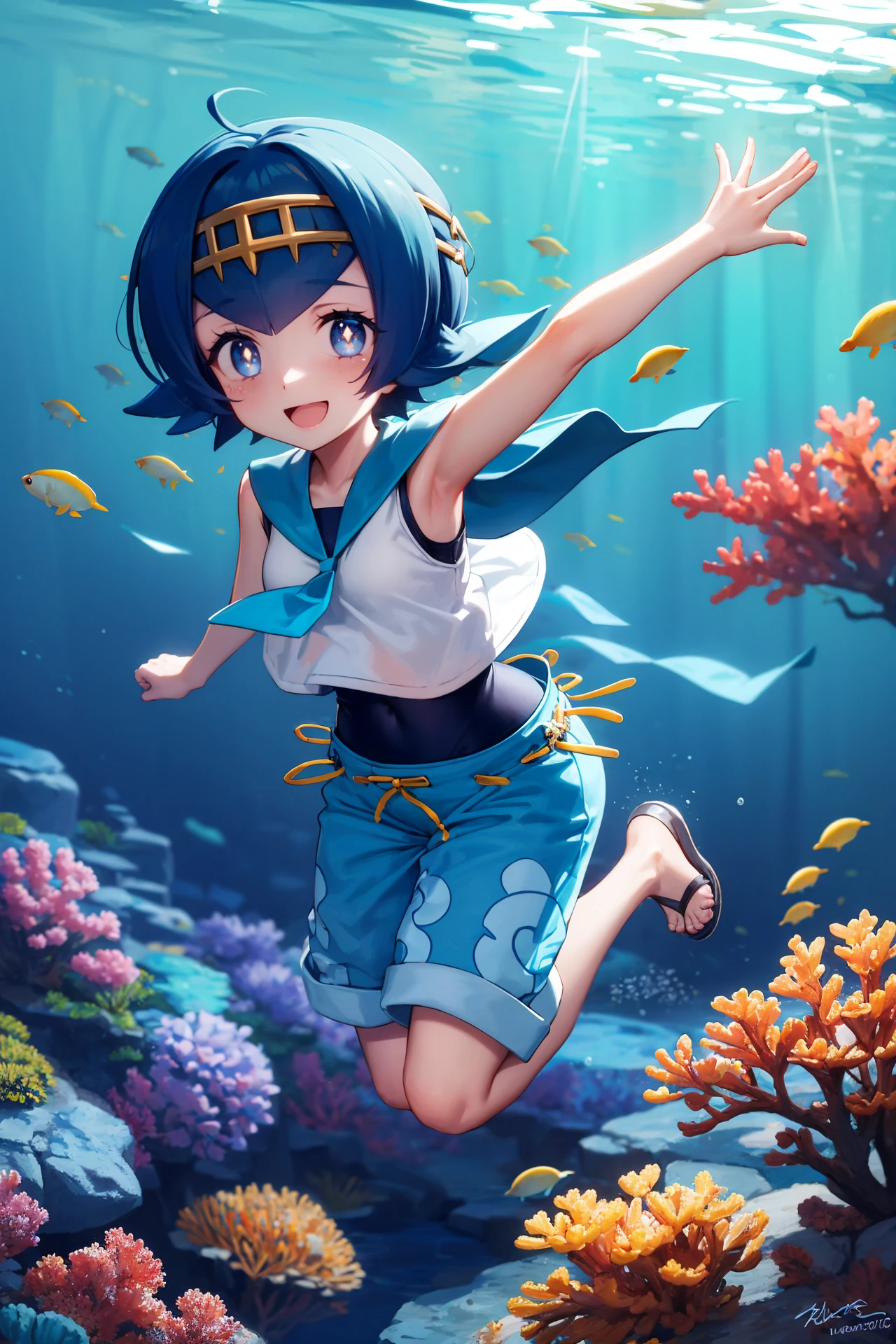 masterpiece, best quality, <lora:pkmnlana-nvwls-v1-000009:1> pkmnLana, white pupils, headband, blue sailor collar, sleeveless white shirt, swimsuit under clothes, blue pants, swimming, underwater, coral reef, looking at viewer, :D, sandals