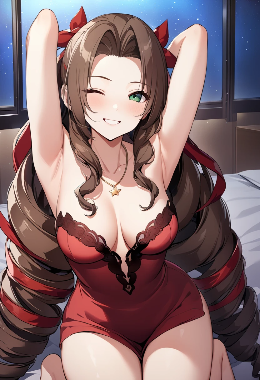 masterpiece, best quality, 1girl, game cg, 4K, <lora:aerith-xl-nvwls-v1-000006:1> altaerith, very long hair, hair ribbons, drill hair, red ribbons, star necklace, red ballgown, bare shoulders, strapless, plunging neckline, medium breasts, bed, seiza, arms behind head, wink, looking at viewer, smile, one eye closed, one eye open, window, night sky