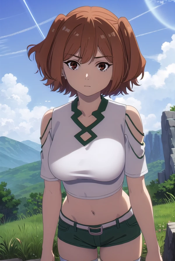 kanne, <lora:kanne-alpha-lora-nochekaiser:1>,
kanne, short hair, brown hair, twintails, (brown eyes:1.3),
BREAK shirt, thighhighs, navel, bare shoulders, white shirt, short sleeves, midriff, belt, white thighhighs, crop top, short shorts, clothing cutout, shoulder cutout, green shorts,
BREAK outdoors, forest, nature, grass, sky, sun, clouds,
BREAK looking at viewer, (cowboy shot:1.5),
BREAK <lyco:GoodHands-beta2:1>, (masterpiece:1.2), best quality, high resolution, unity 8k wallpaper, (illustration:0.8), (beautiful detailed eyes:1.6), extremely detailed face, perfect lighting, extremely detailed CG, (perfect hands, perfect anatomy),