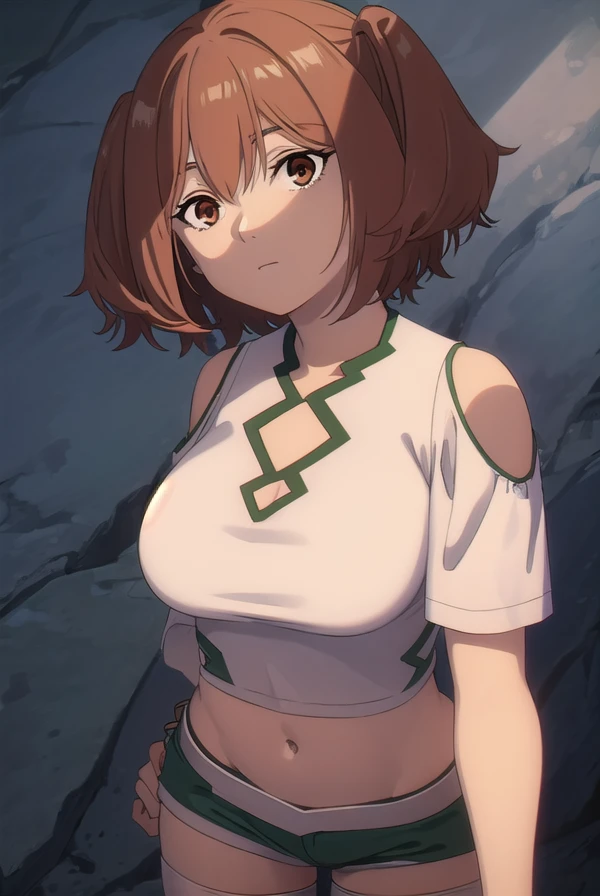 kanne, <lora:kanne-alpha-lora-nochekaiser:1>,
kanne, short hair, brown hair, twintails, (brown eyes:1.3),
BREAK shirt, thighhighs, navel, bare shoulders, white shirt, short sleeves, midriff, belt, white thighhighs, crop top, short shorts, clothing cutout, shoulder cutout, green shorts,
BREAK outdoors, forest, nature, grass, sky, sun, clouds,
BREAK looking at viewer, (cowboy shot:1.5),
BREAK <lyco:GoodHands-beta2:1>, (masterpiece:1.2), best quality, high resolution, unity 8k wallpaper, (illustration:0.8), (beautiful detailed eyes:1.6), extremely detailed face, perfect lighting, extremely detailed CG, (perfect hands, perfect anatomy),