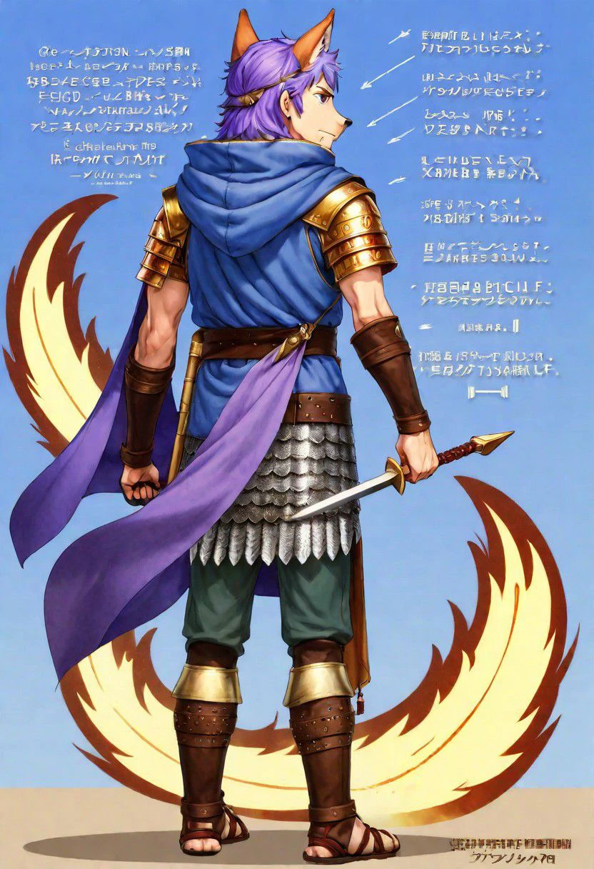 ancient roman clothes, wolf ears, italian text, chainmail, jewelry, from behind, staff, purple hair, mature male, falchion (fire emblem), brown belt, fox ears, english text, sky, chalice, holding sword, backpack, hood, arrow (projectile), ass, brown footwear, blue cape