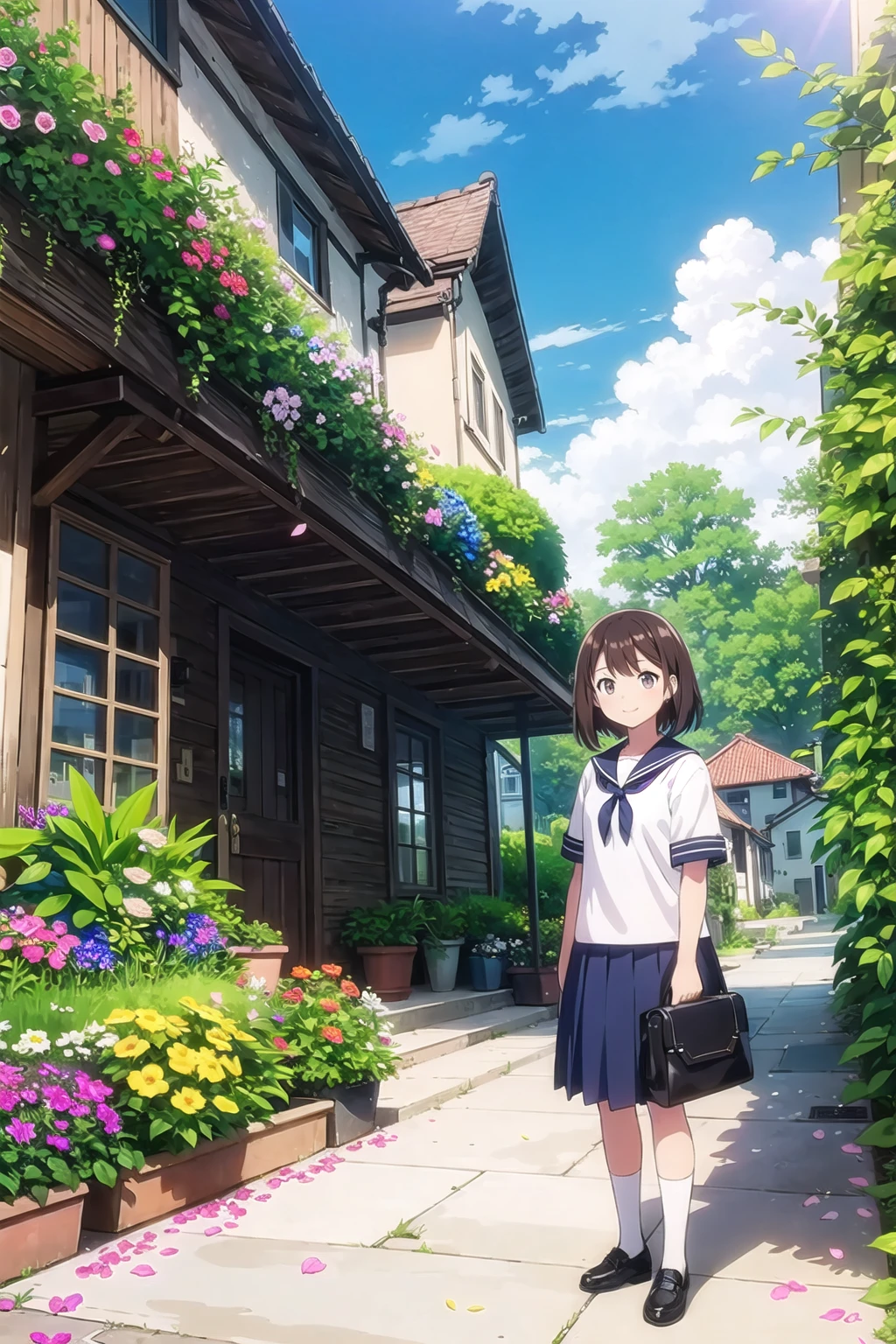 (masterpiece),  scenery,  town,  blue sky,  1girl,  smile,  solo,  sailor uniform,  brown hair,  cloud,  cloudy sky,  day,  outdoors,  overgrown,  petals,  plant,  shoes,  standing